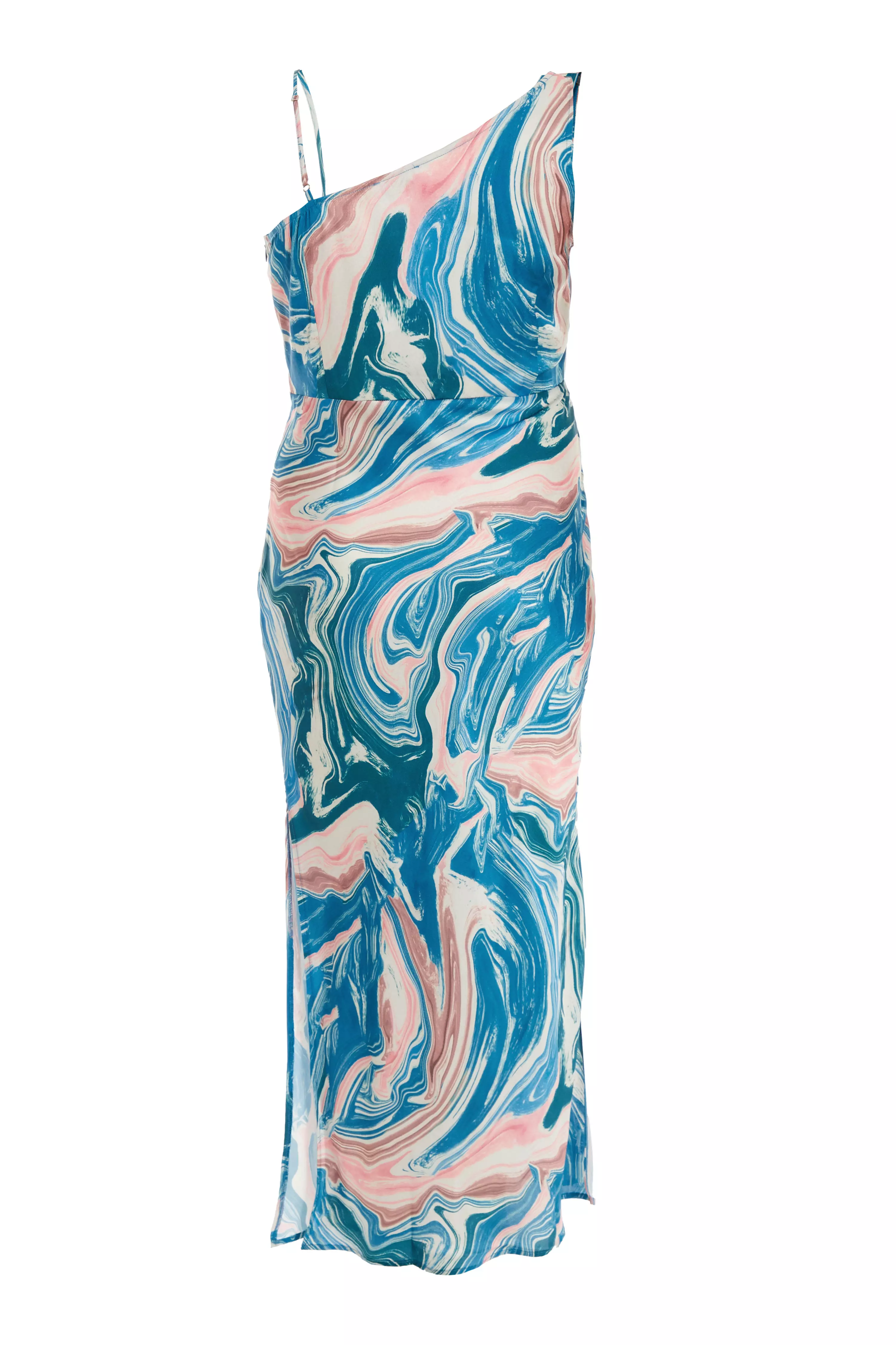 Curve Blue Satin Marble Print One Shoulder Midaxi Dress