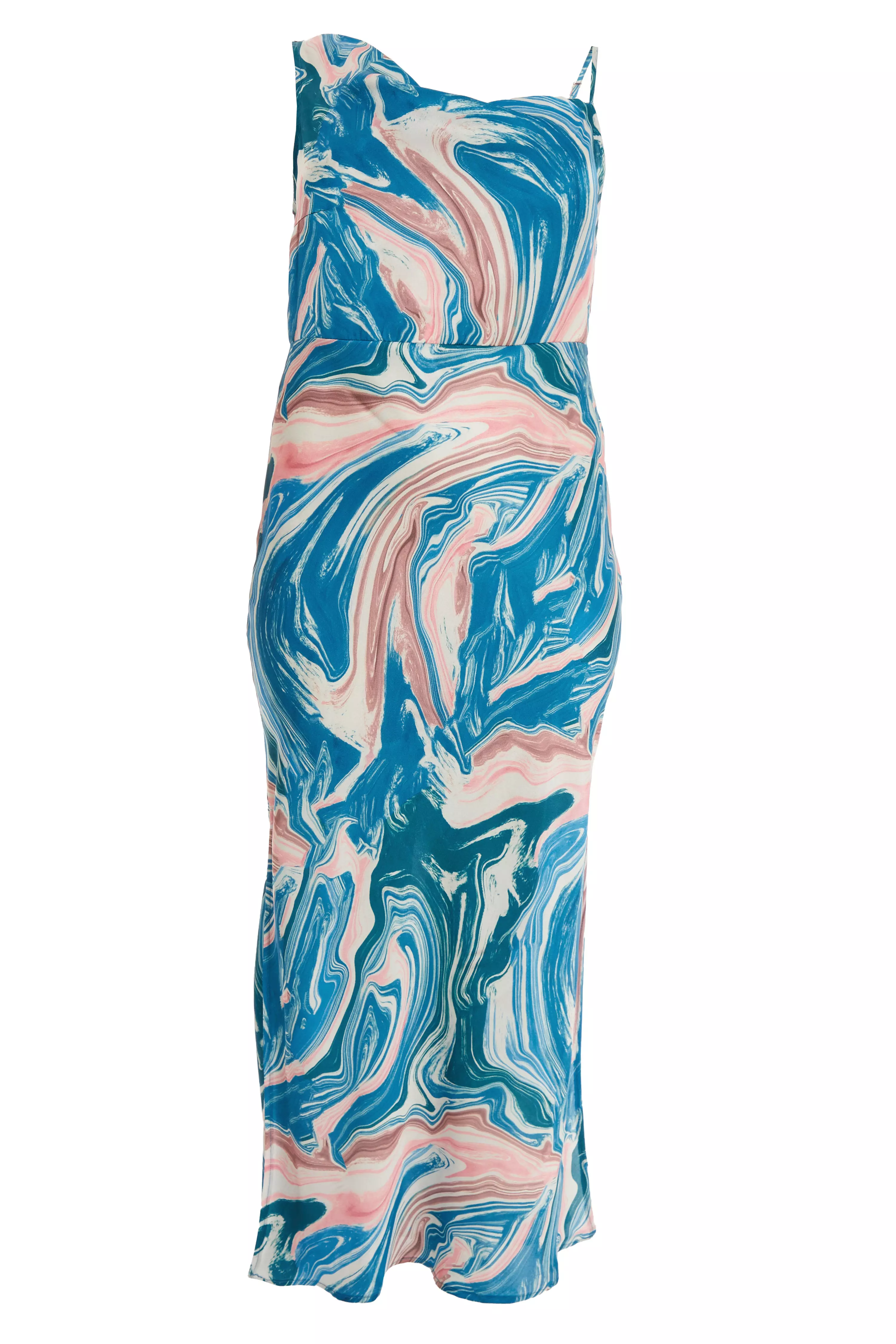 Curve Blue Satin Marble Print One Shoulder Midaxi Dress