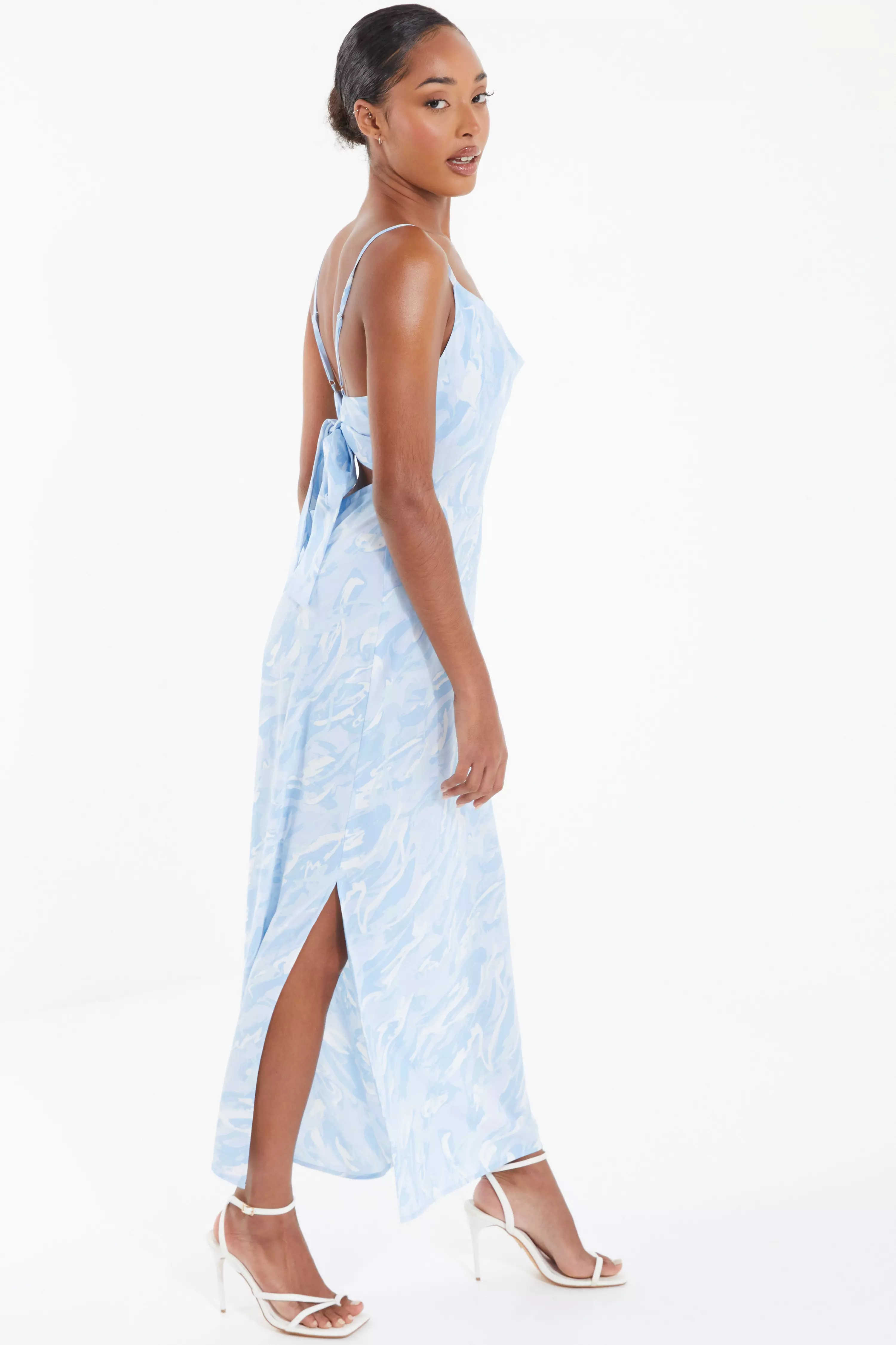 Light Blue Brush Stroke Tie Back Split Midi Dress