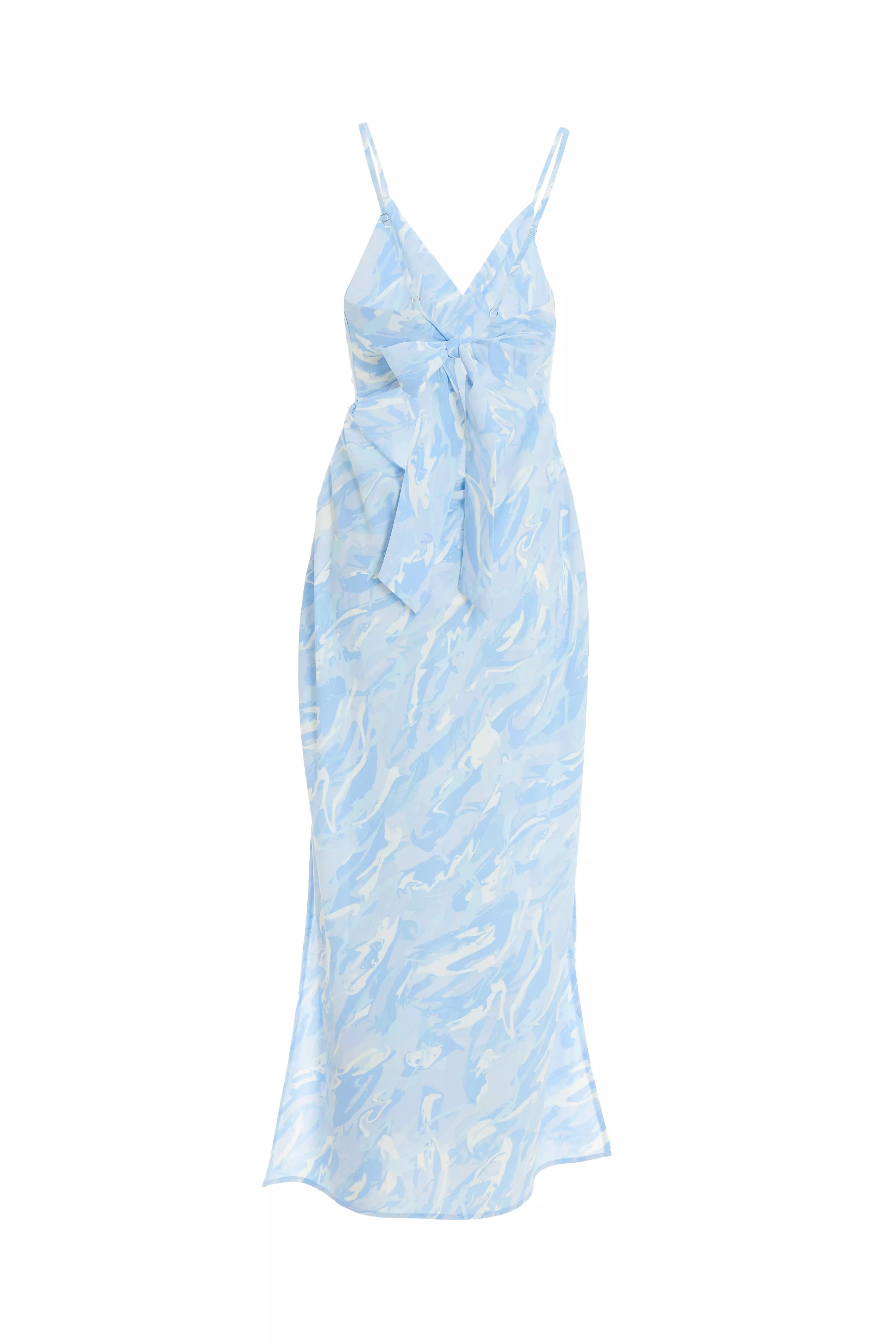 Light Blue Brush Stroke Tie Back Split Midi Dress