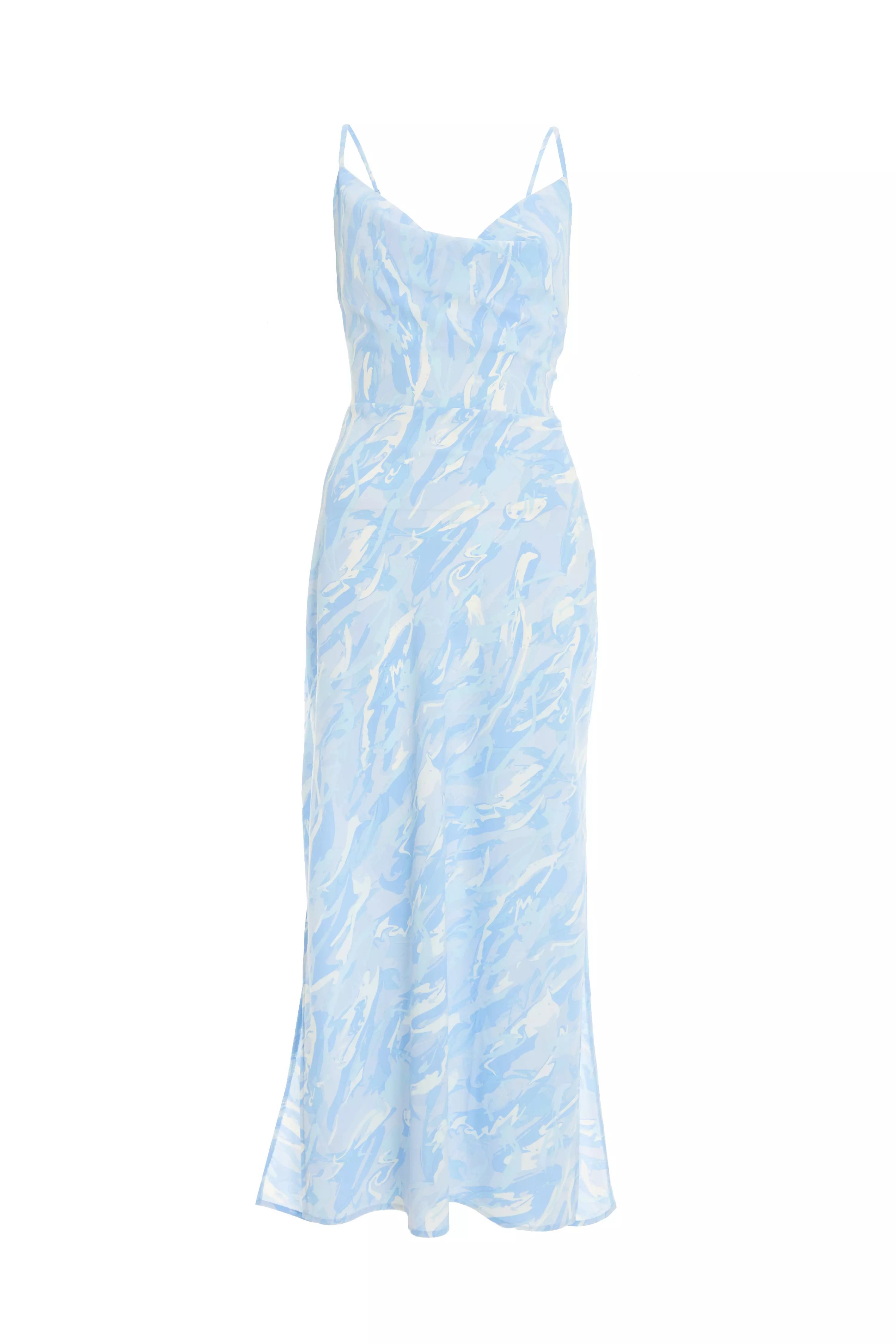 Light Blue Brush Stroke Tie Back Split Midi Dress