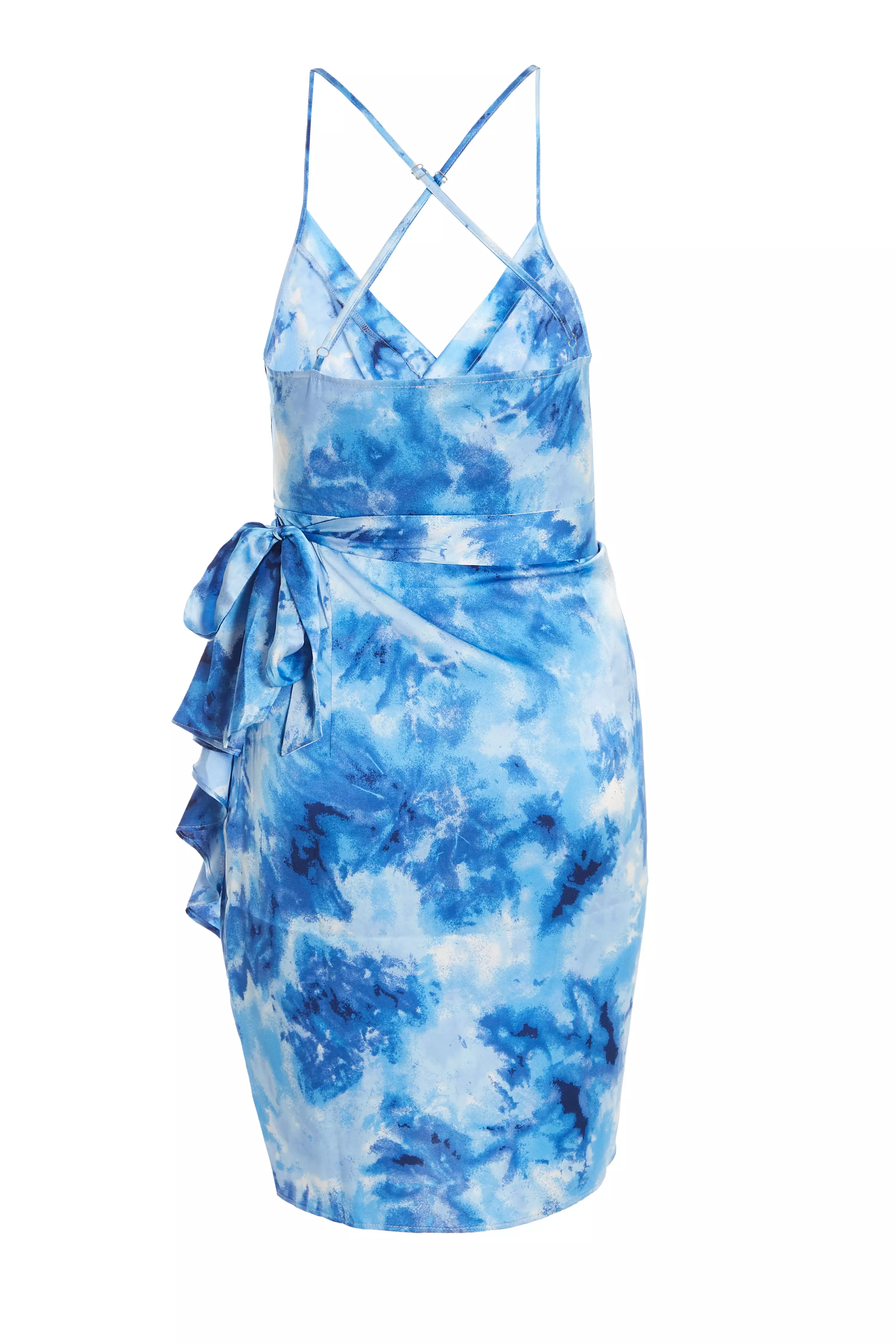 Blue Satin Marble Print Wrap Mini Dress