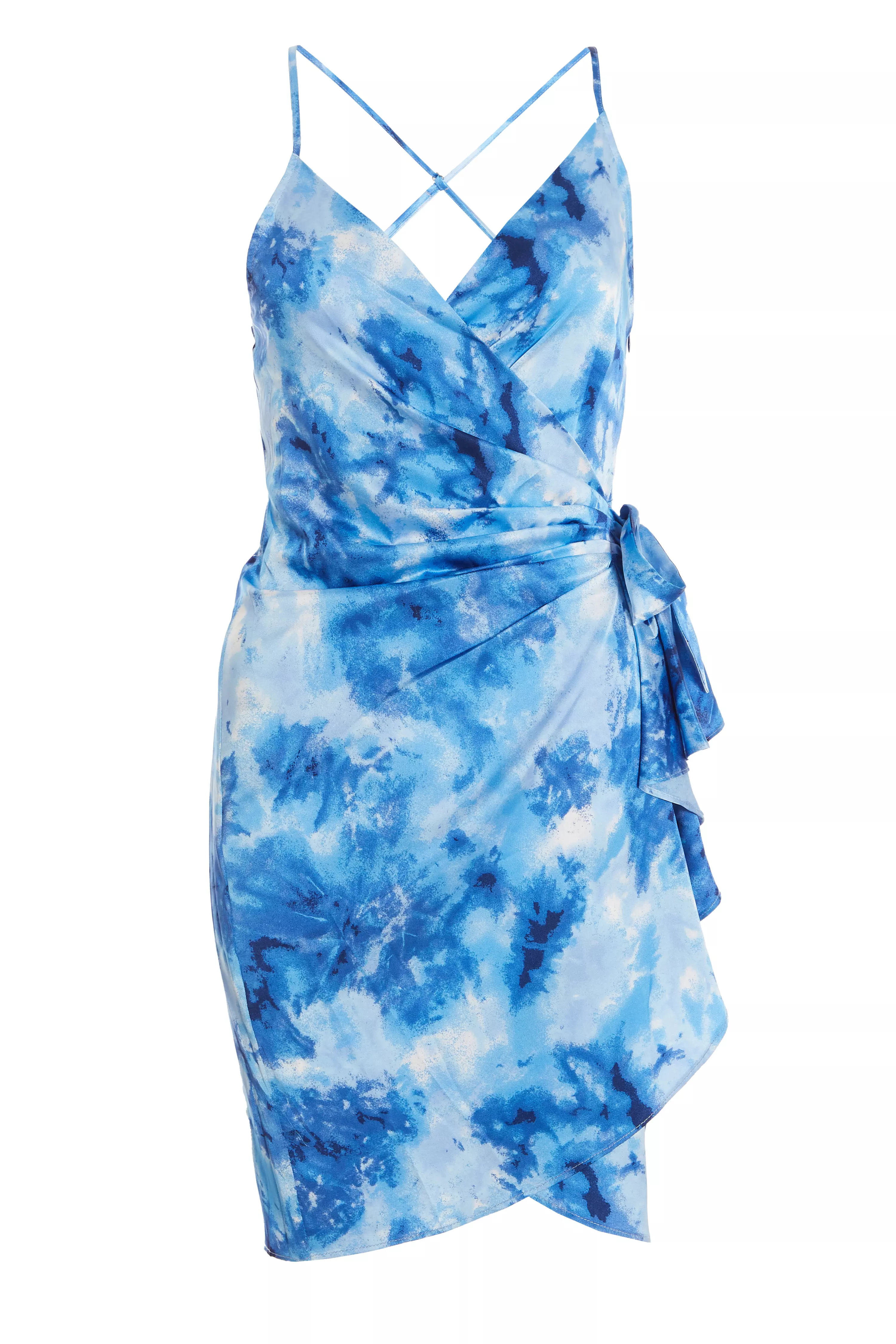 Blue Satin Marble Print Wrap Mini Dress