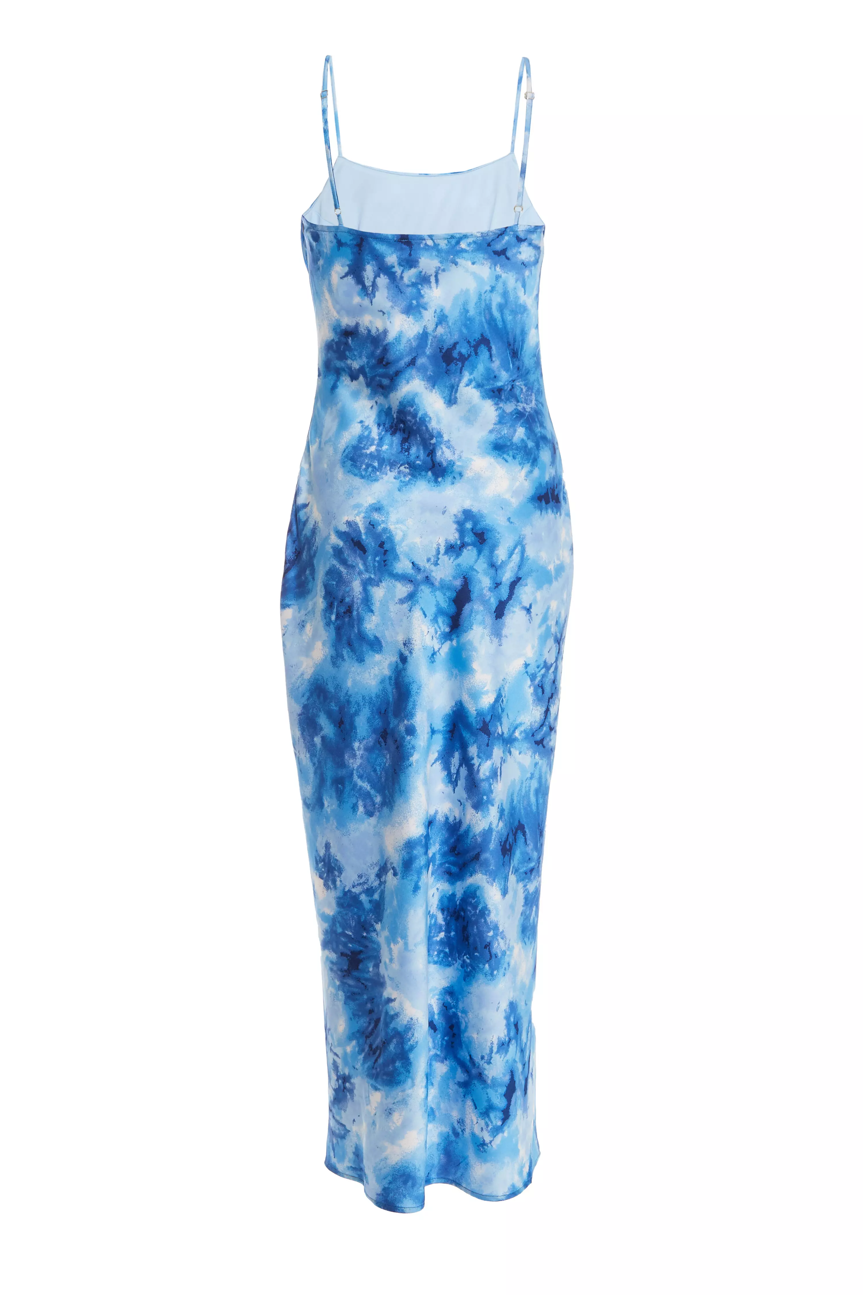 Blue Satin Marble Print Ruched Split Midi Dress