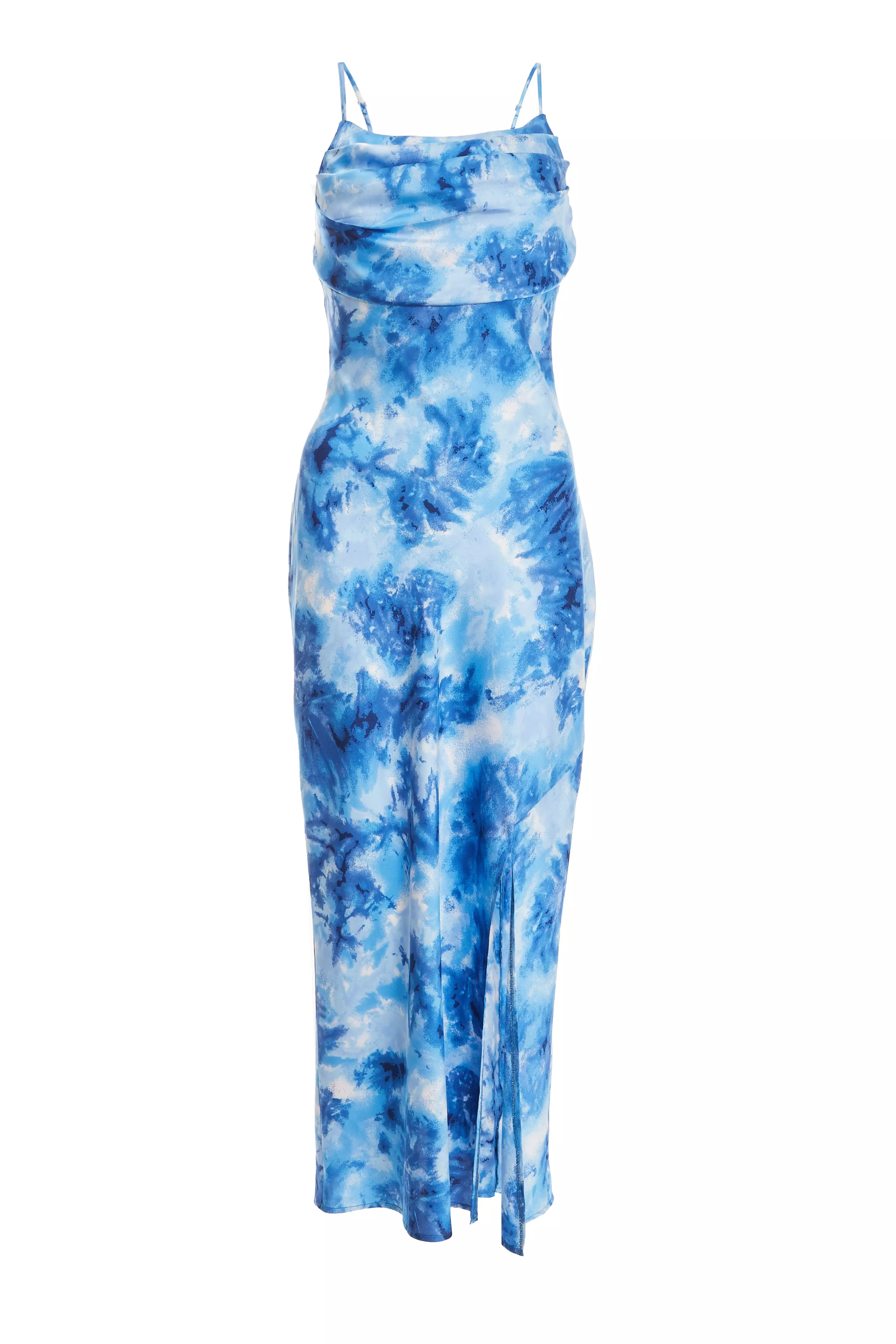 Blue Satin Marble Print Ruched Split Midi Dress