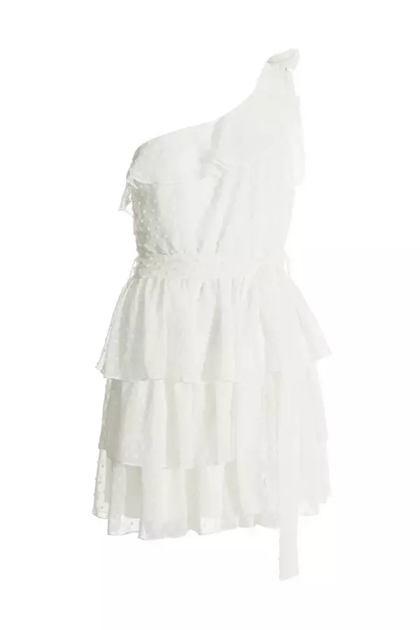 Cream Chiffon Dobby One Shoulder Mini Dress
