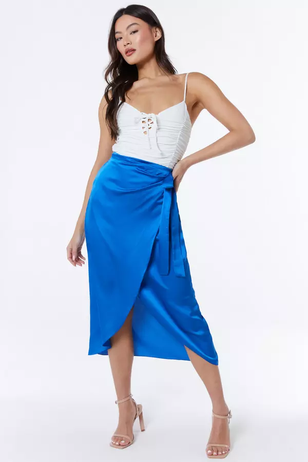 Royal Blue Satin Wrap Midi Skirt