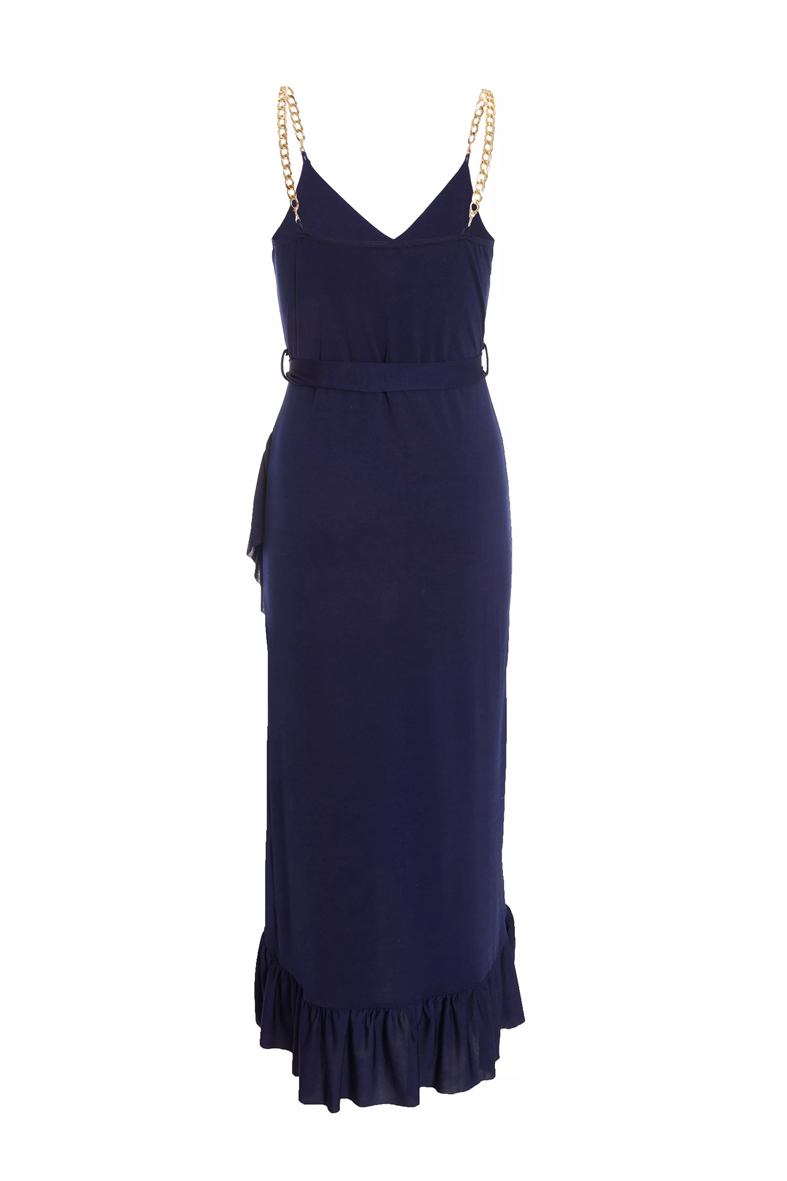 Navy Slinky Chain Wrap Midi Dress