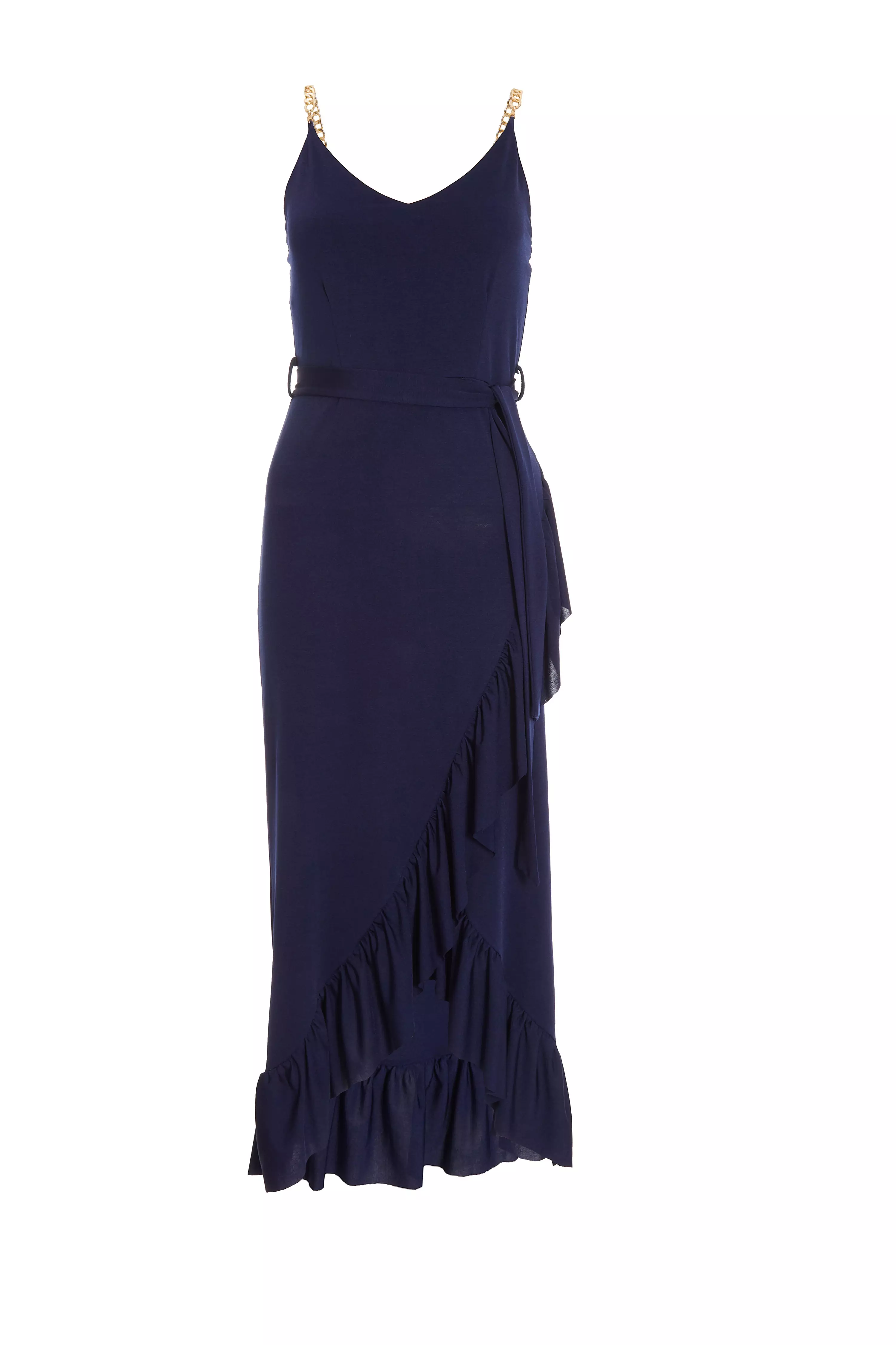 Navy Slinky Chain Wrap Midi Dress