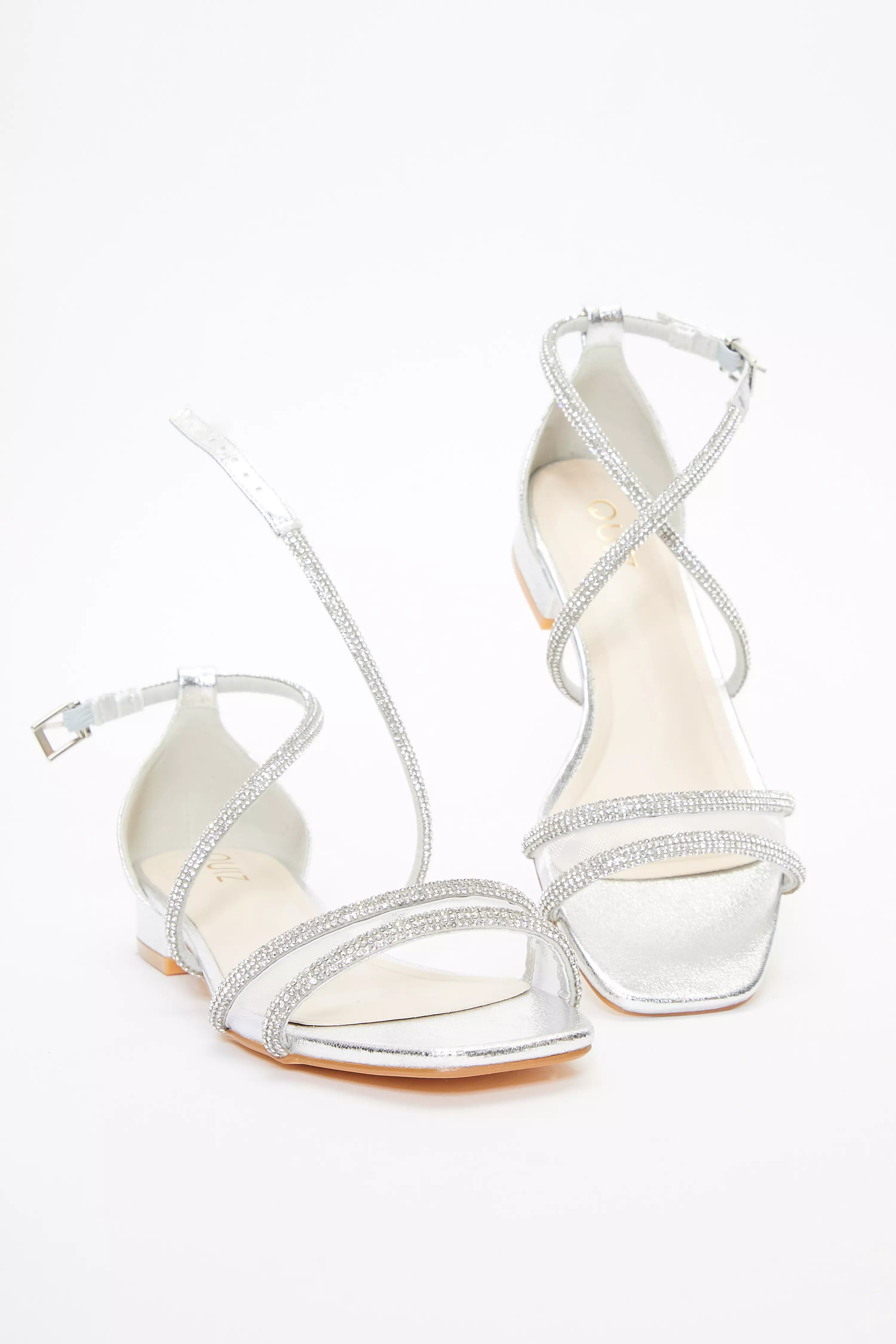 Silver Faux Leather Diamante Strappy Flat Sandals