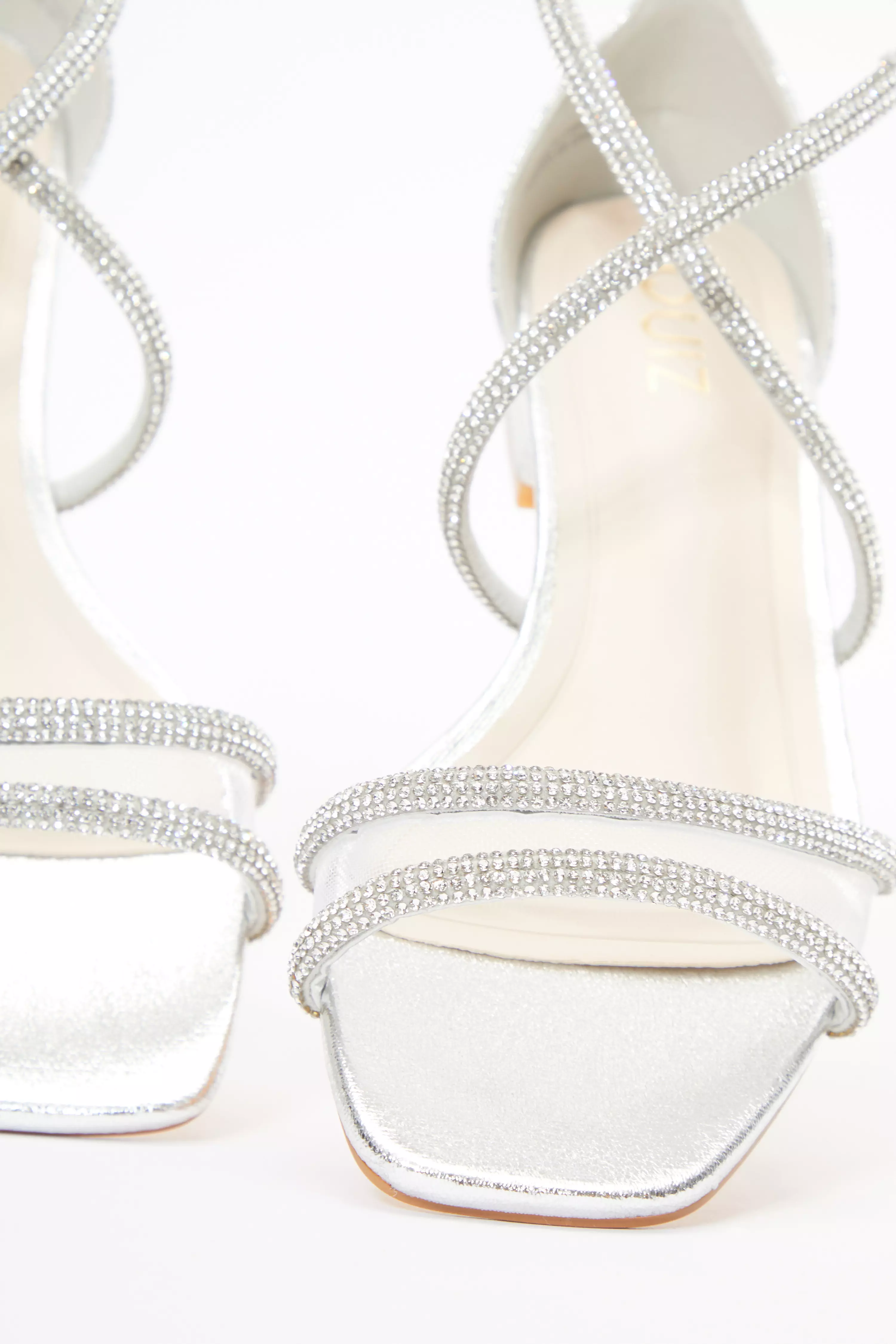 Silver Faux Leather Diamante Strappy Flat Sandals