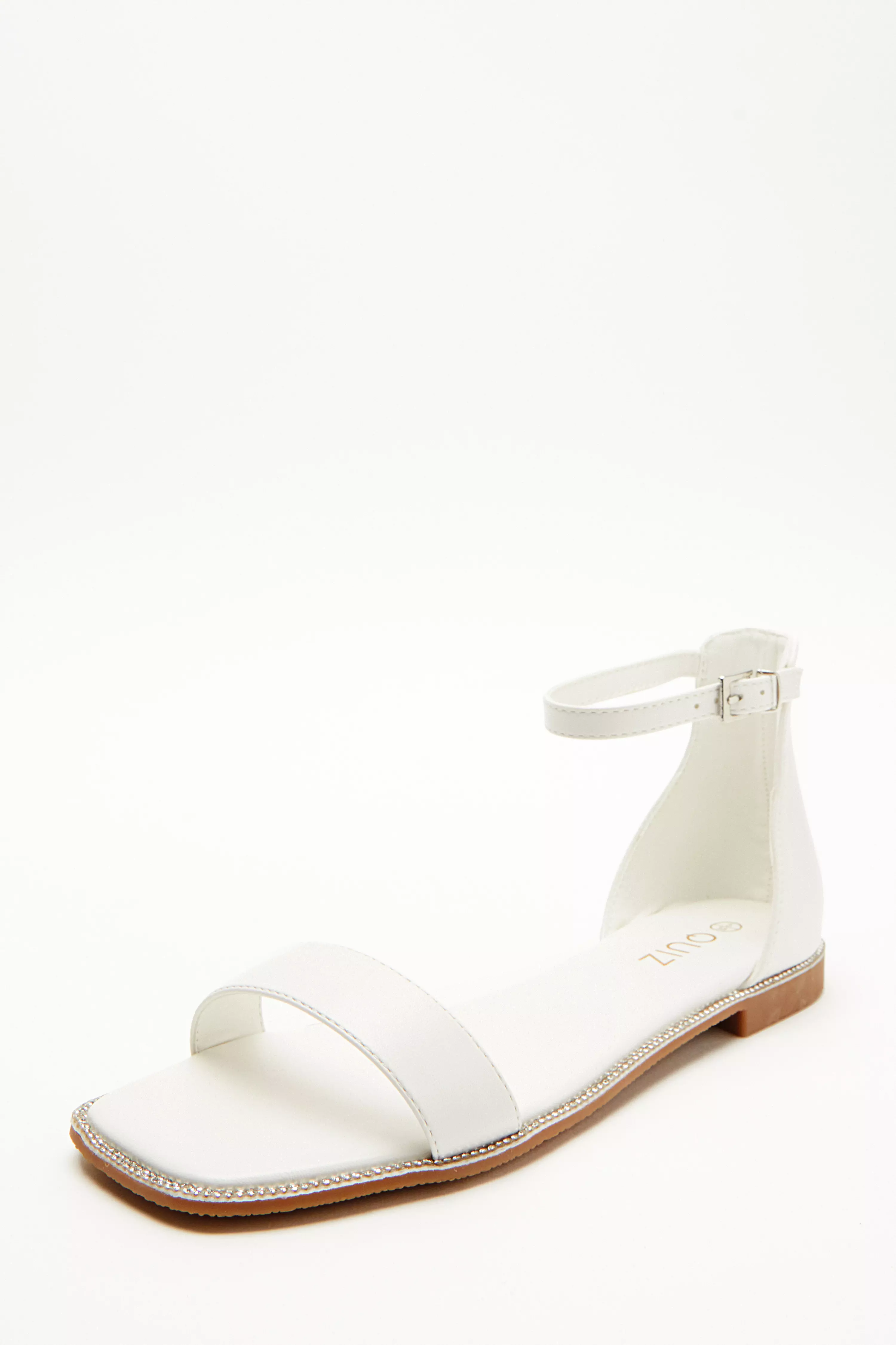 White Faux Leather Diamante Flat Sandals