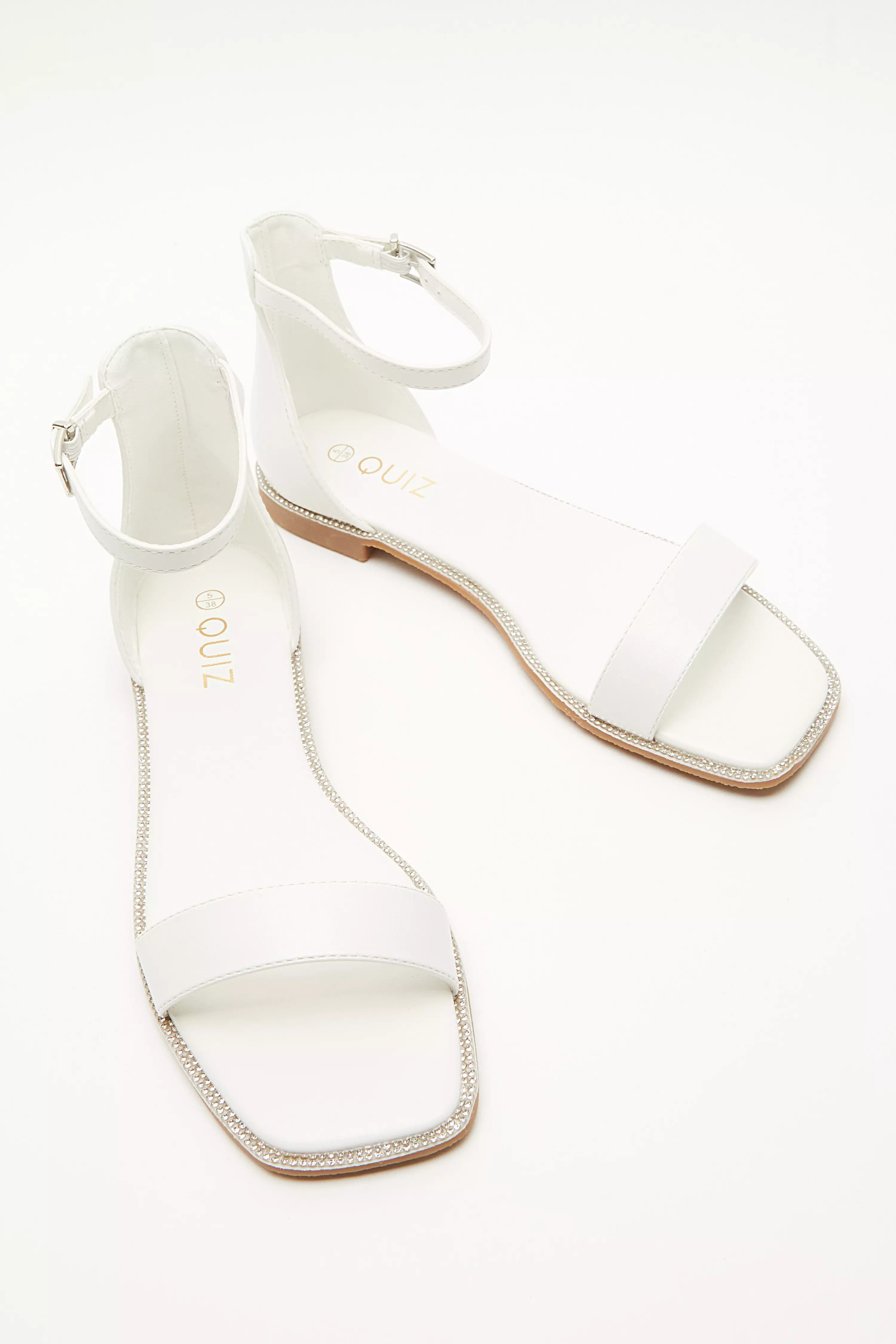 White Faux Leather Diamante Flat Sandals