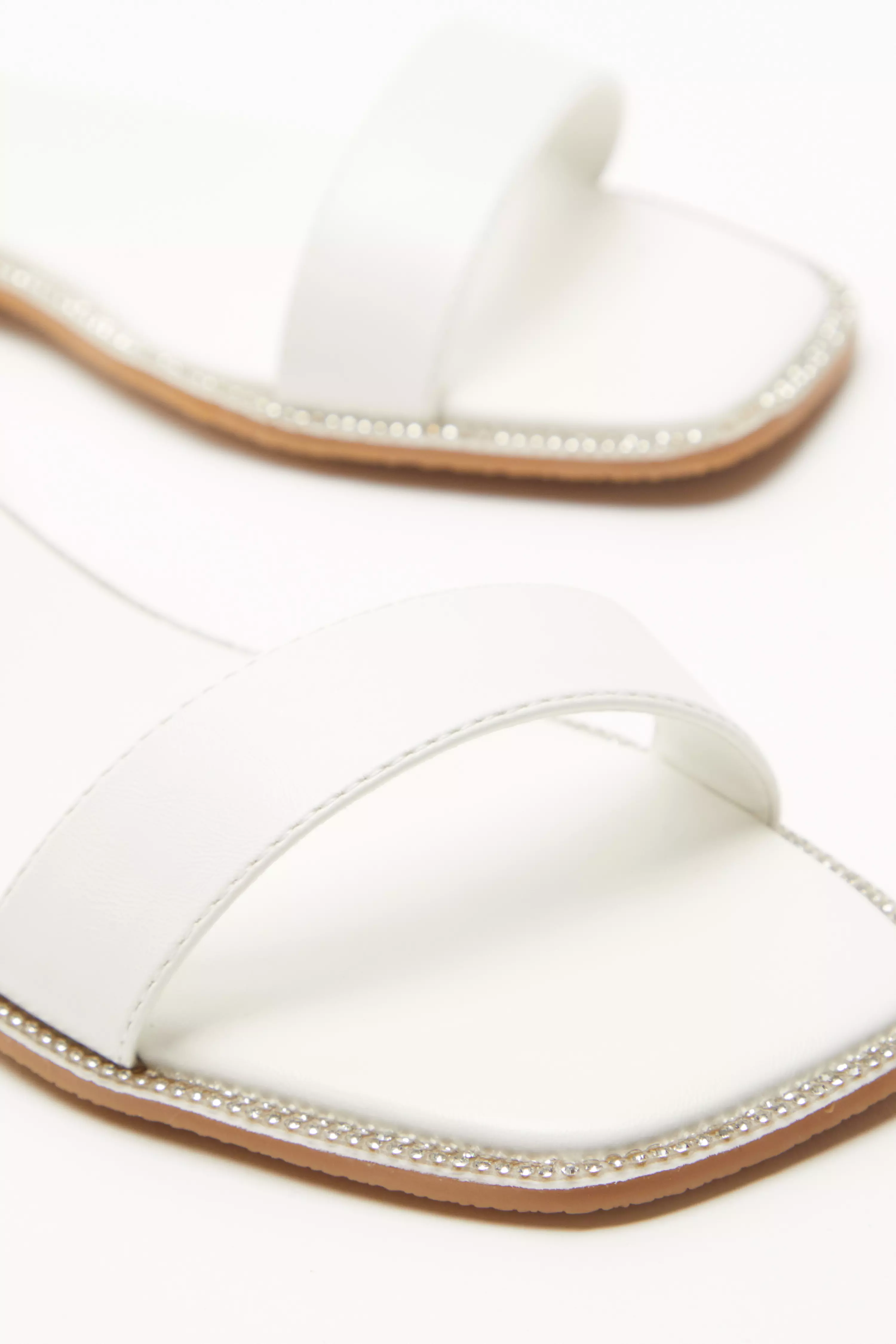 White Faux Leather Diamante Flat Sandals