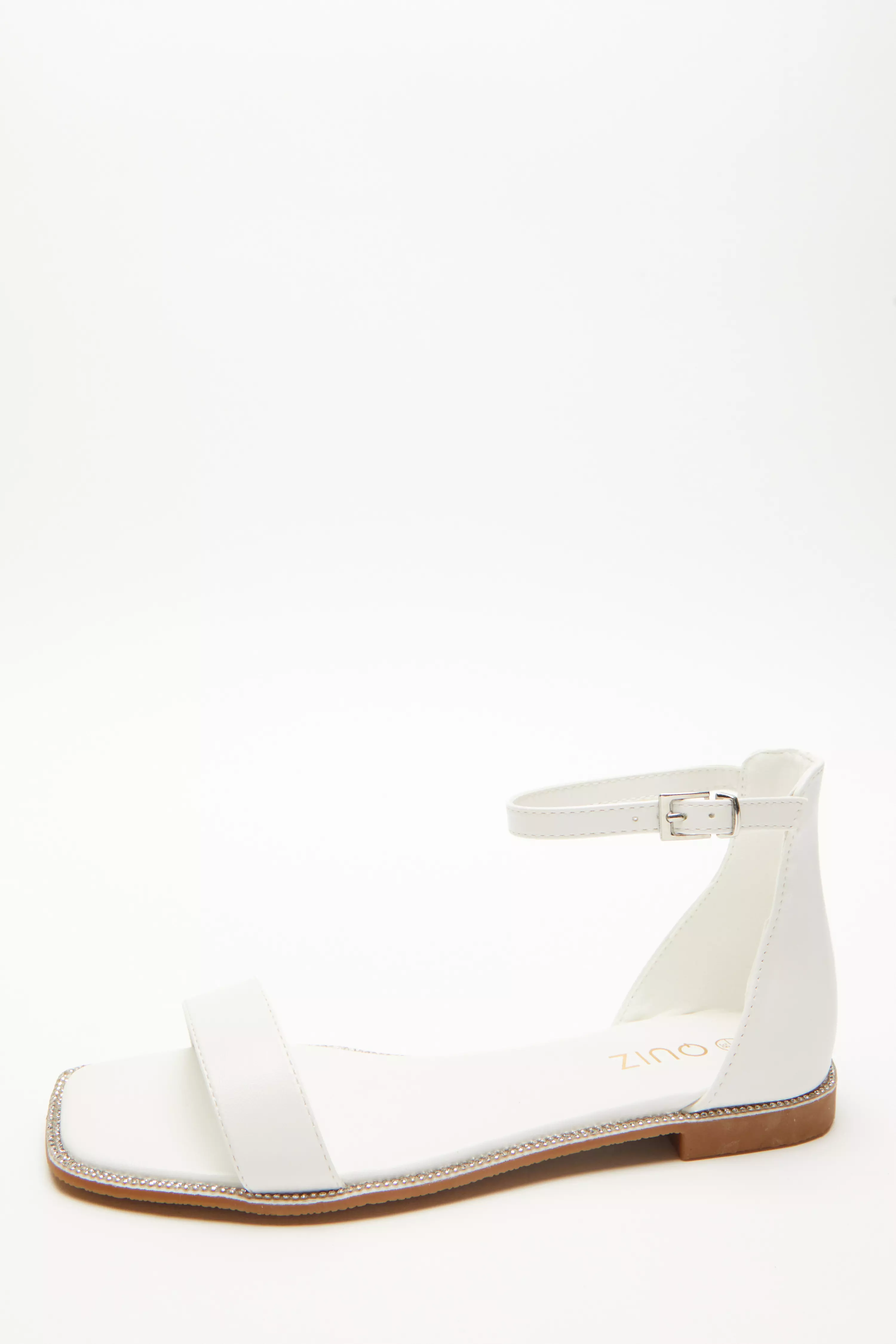 White Faux Leather Diamante Flat Sandals