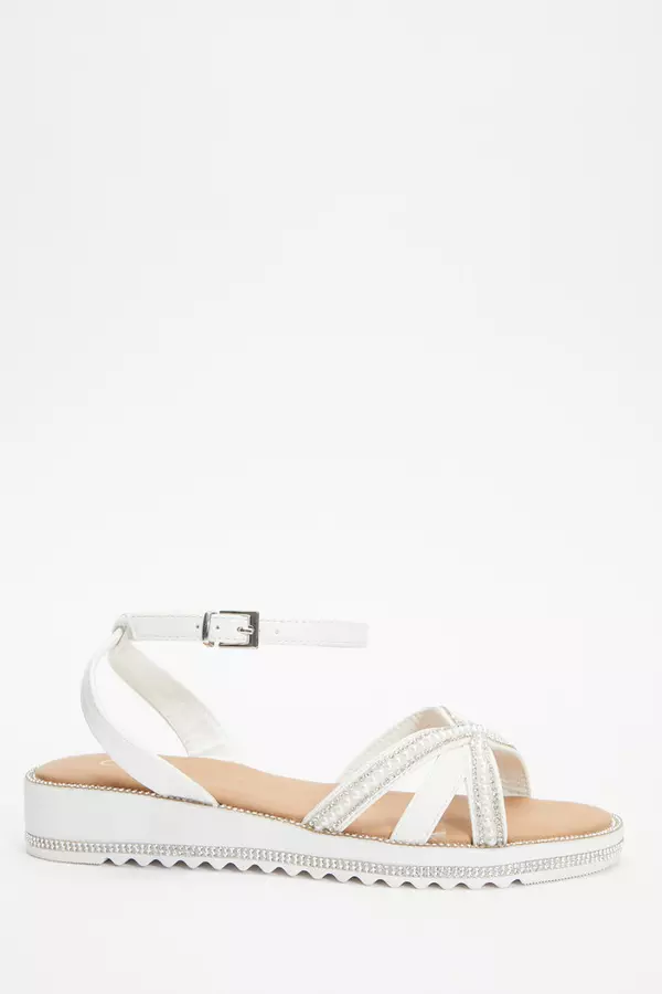 White Diamante Cross Strap Sandals