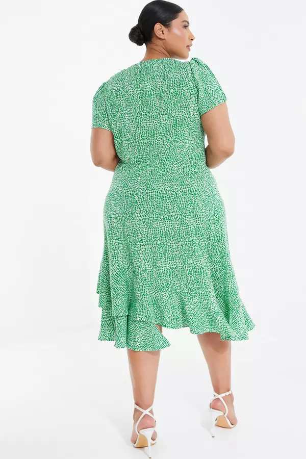 Curve Green Polka Dot Frill Midi Dress