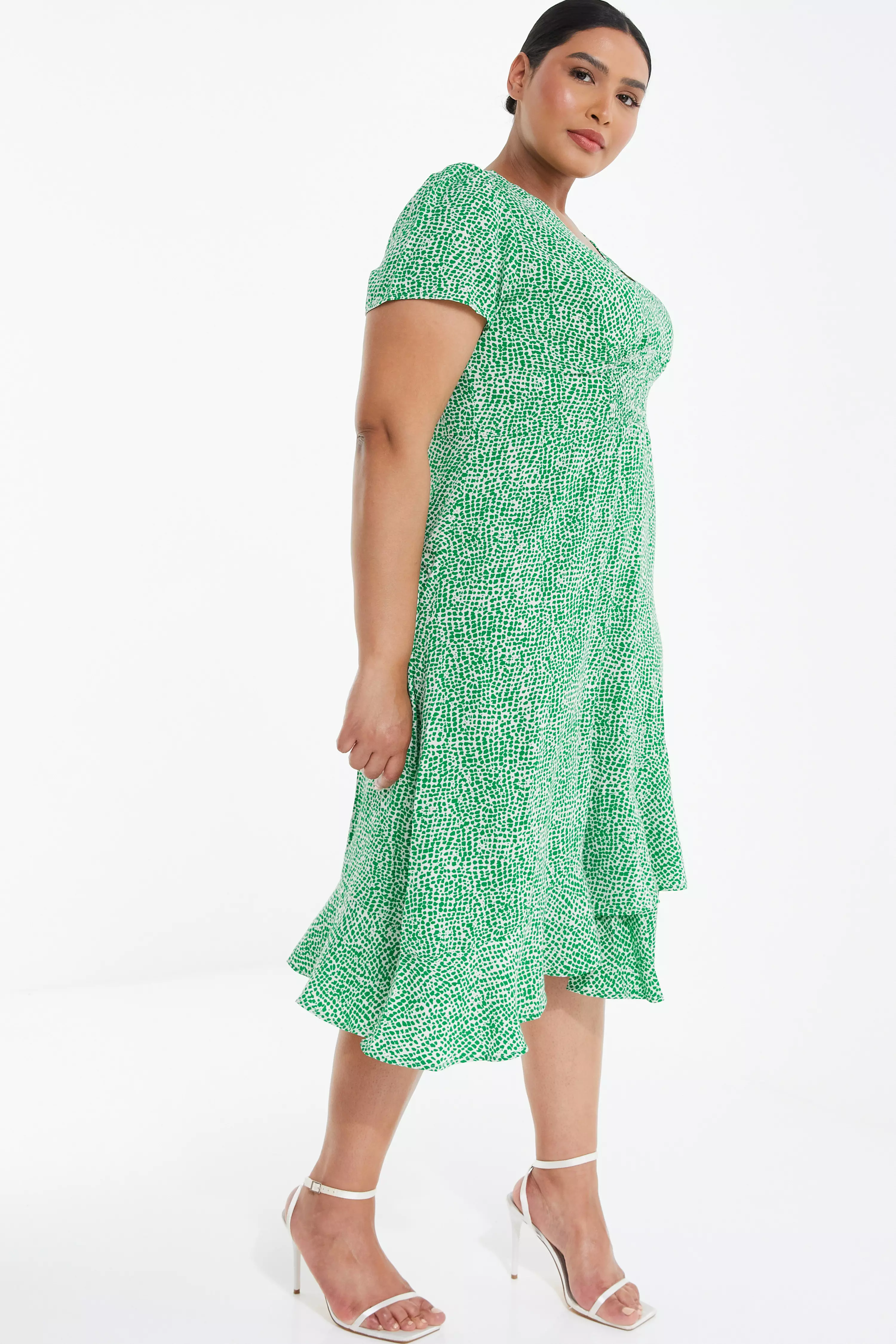 Curve Green Polka Dot Frill Midi Dress