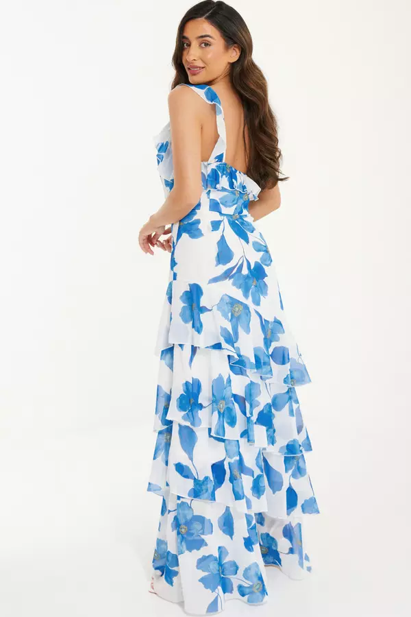 Petite Blue Chiffon Floral Tiered Maxi Dress