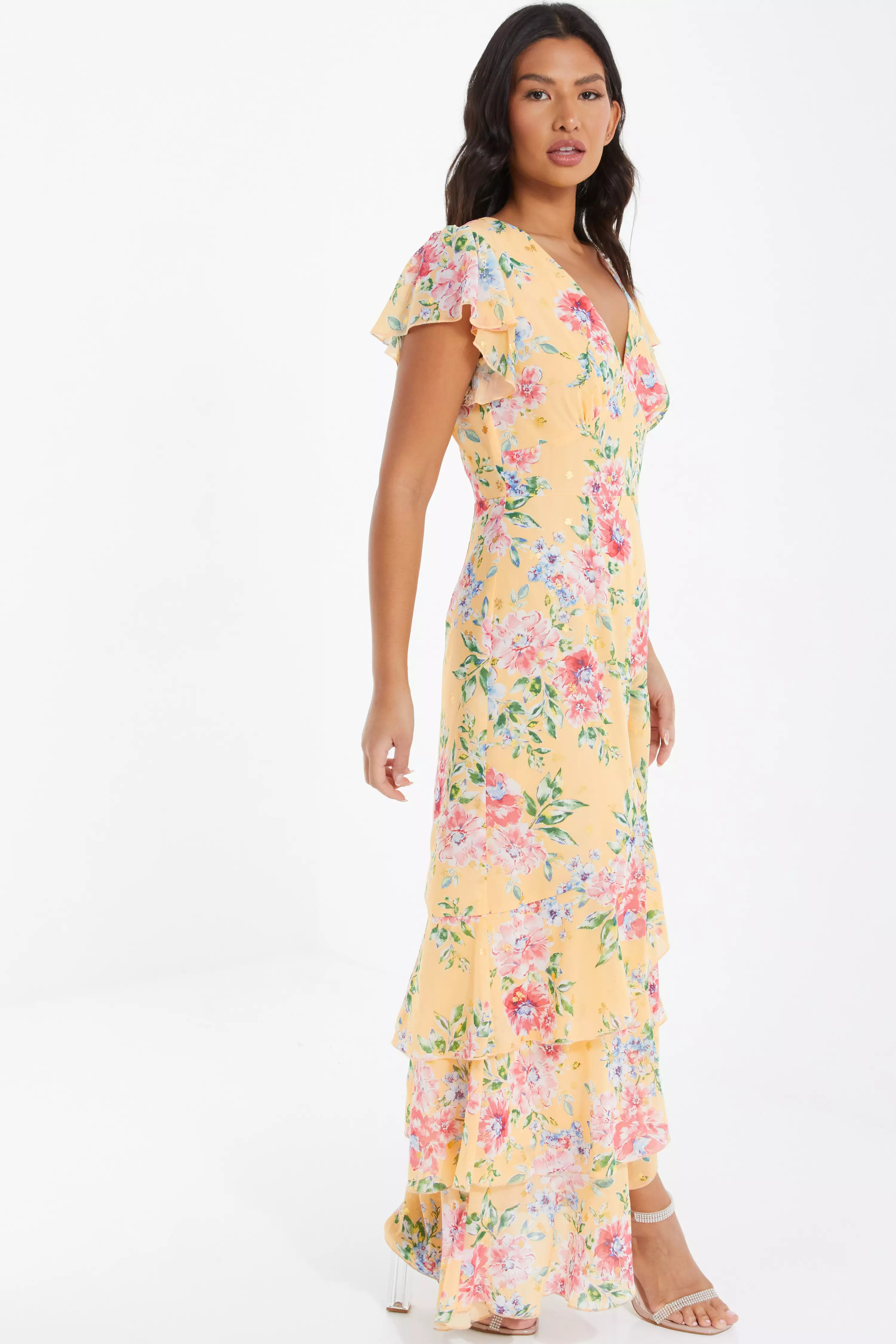 Yellow Chiffon Floral Frill Maxi Dress