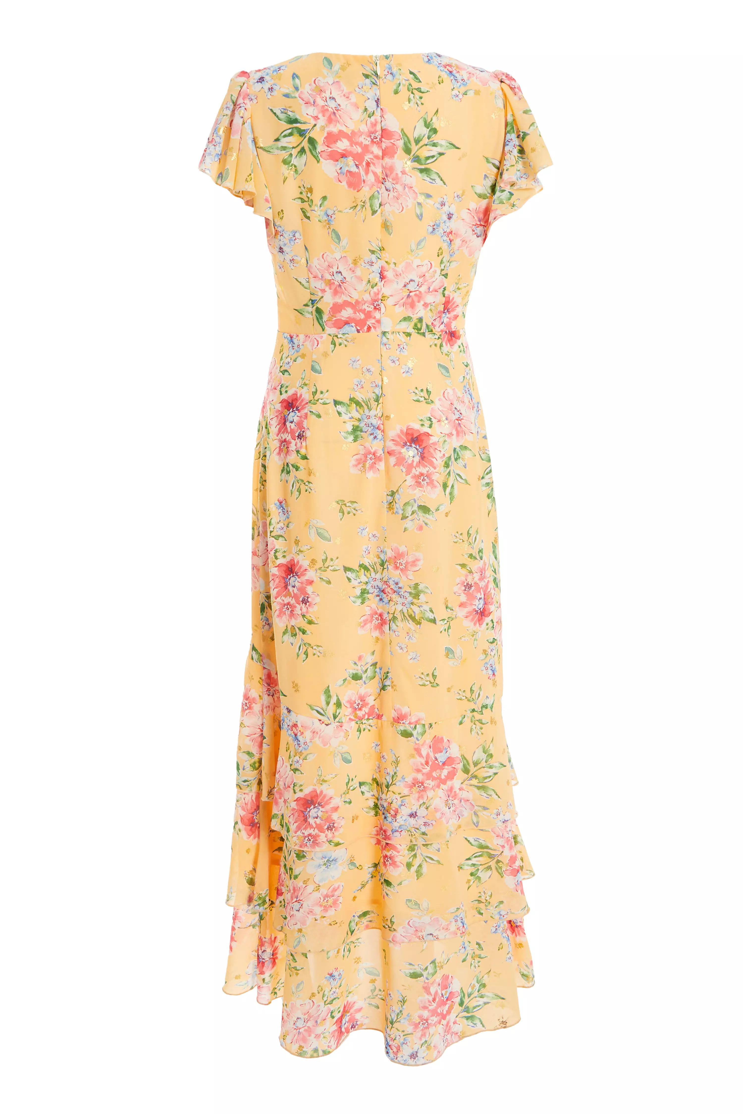 Yellow Chiffon Floral Frill Maxi Dress