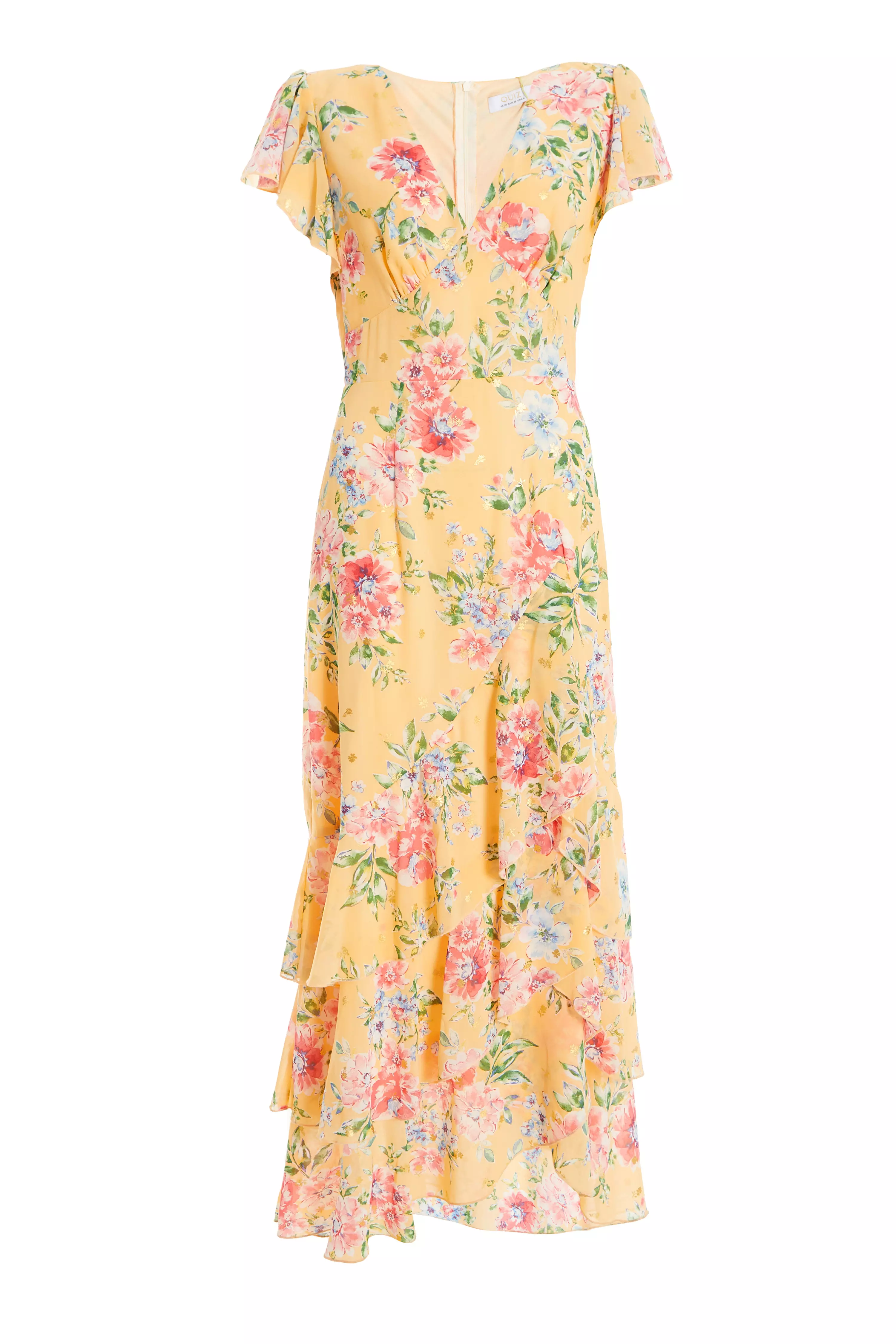 Yellow Chiffon Floral Frill Maxi Dress