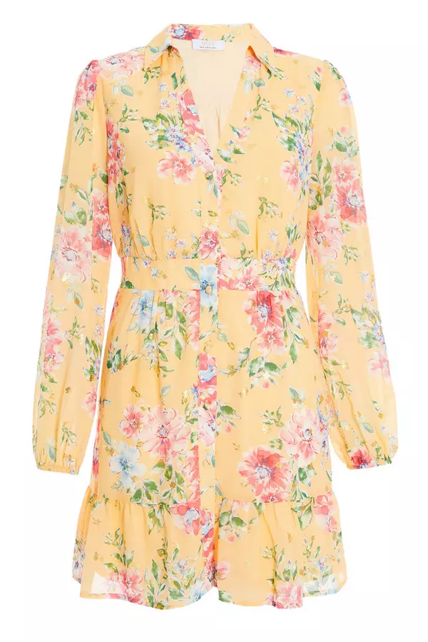 Yellow Chiffon Floral Shirt Dress