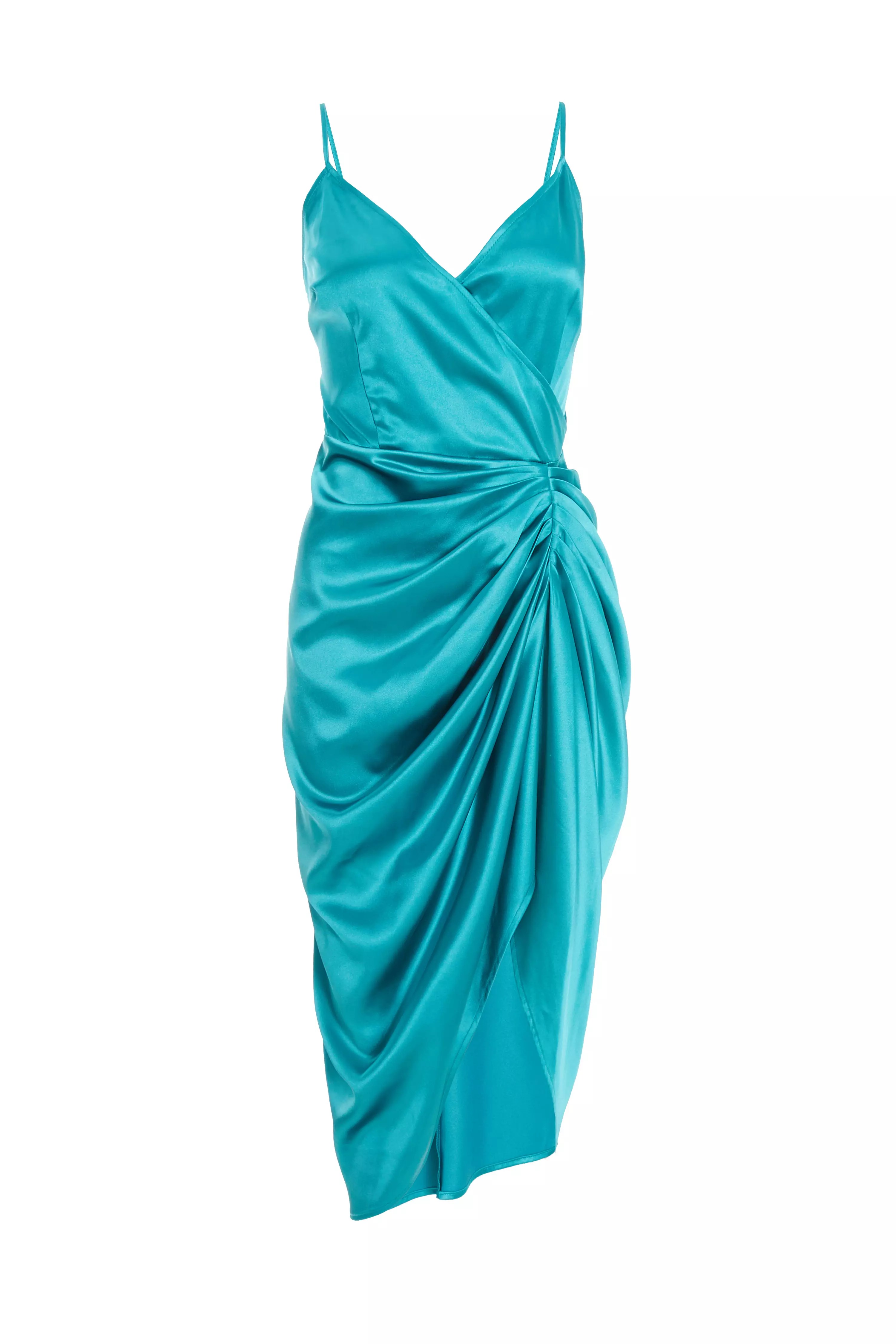 Aqua Wrap Ruched Midi Dress