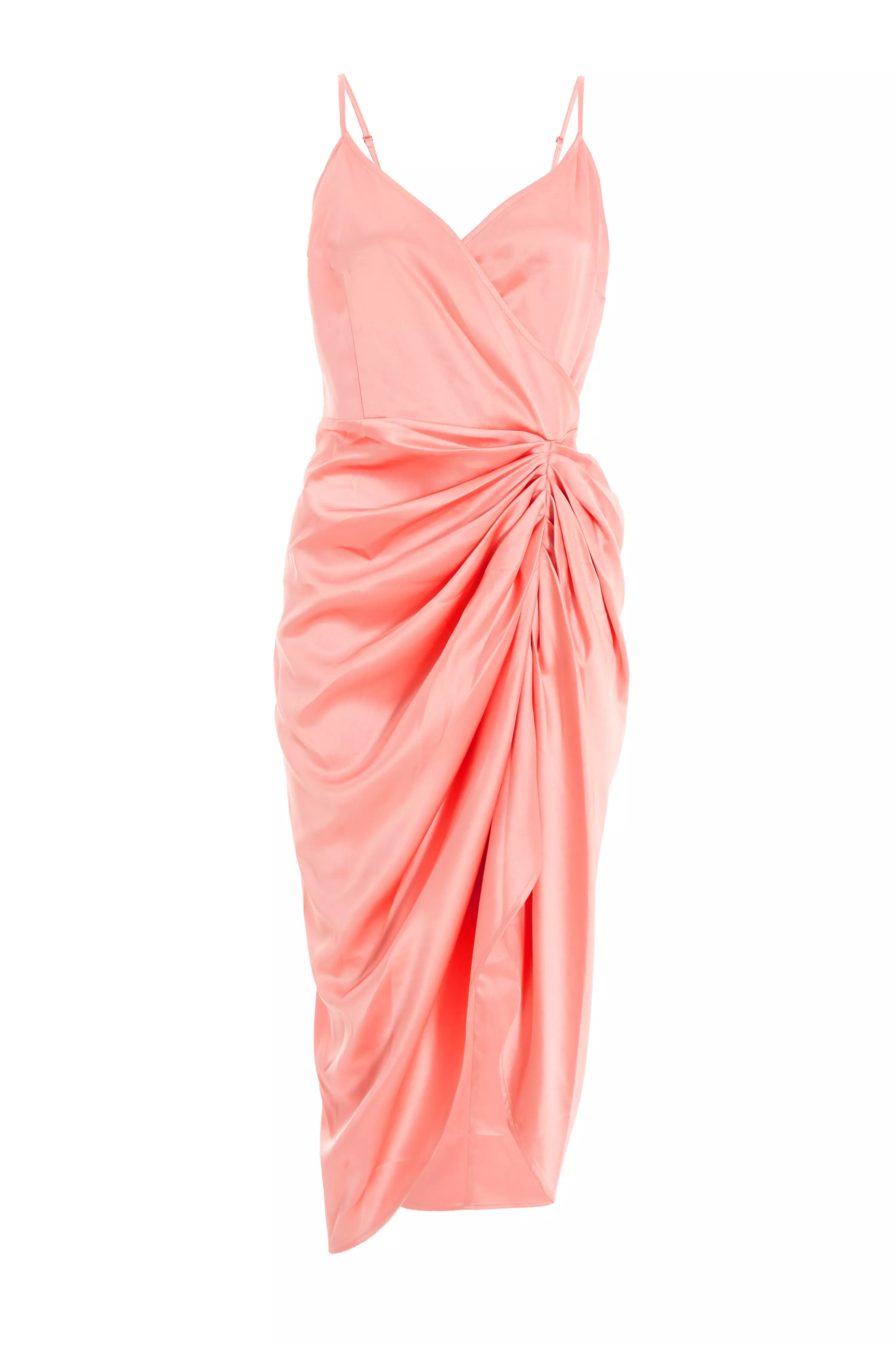 Coral Wrap Ruched Midi Dress