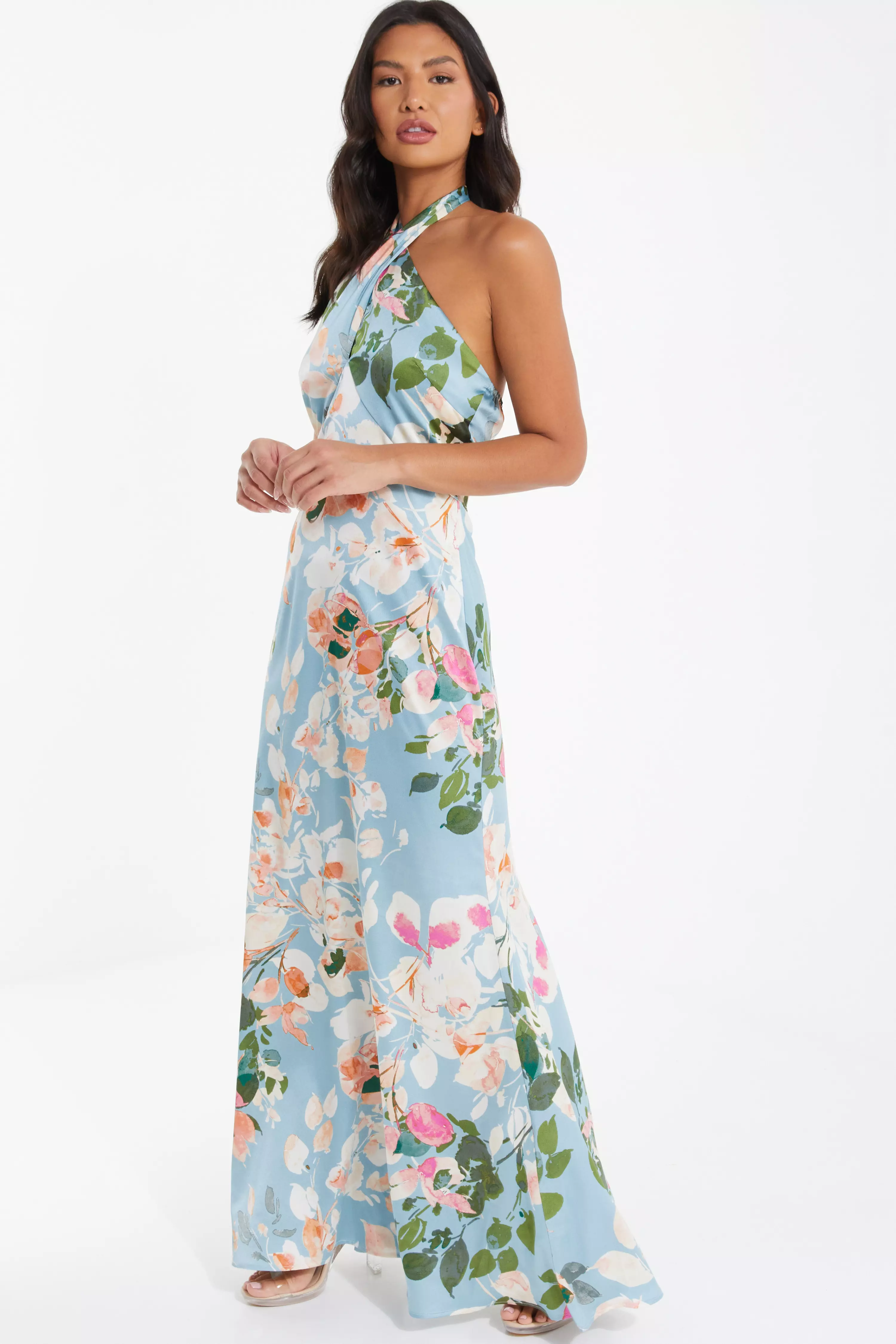 Blue Satin Floral High Neck Maxi Dress