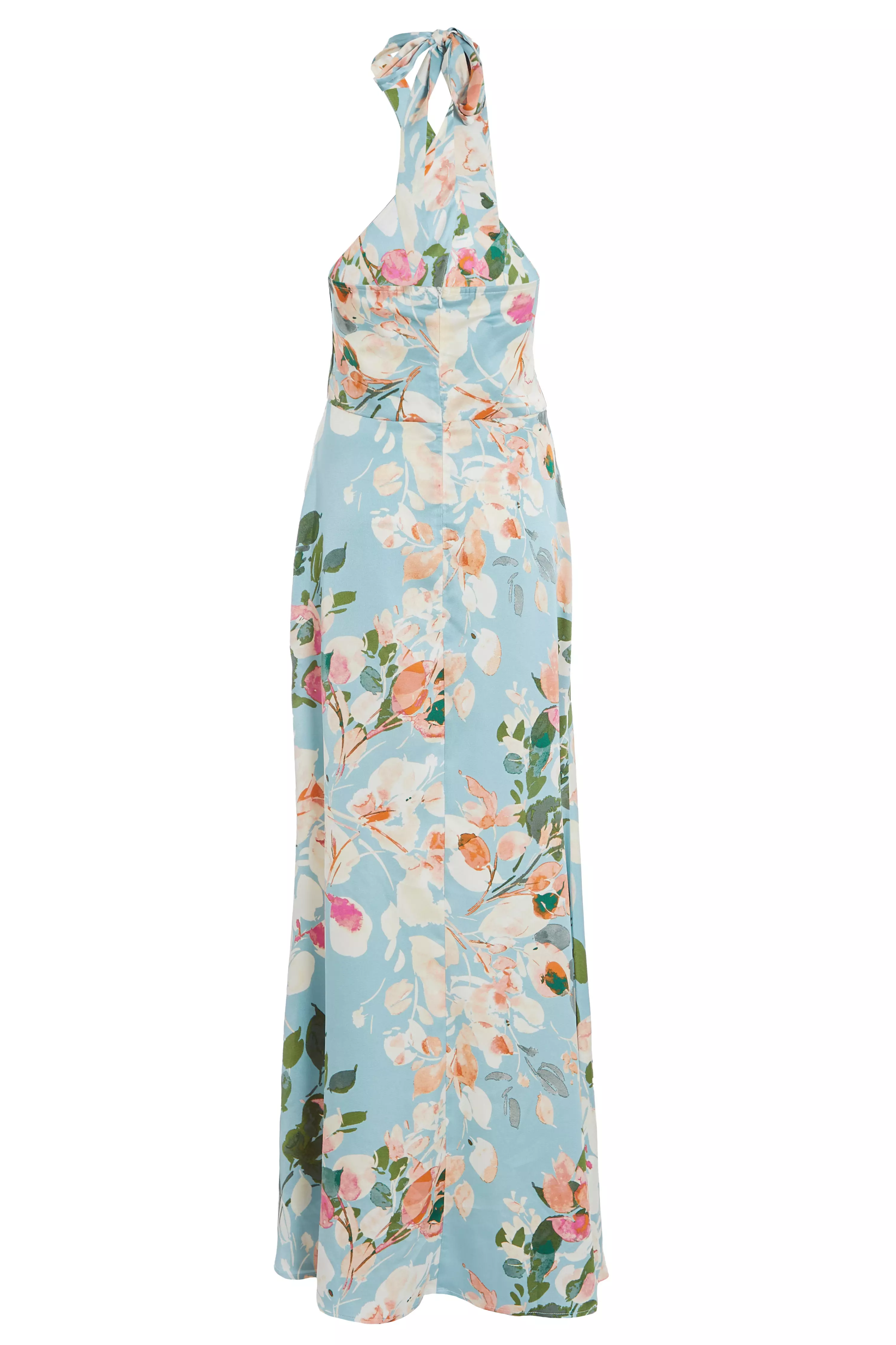 Blue Satin Floral High Neck Maxi Dress