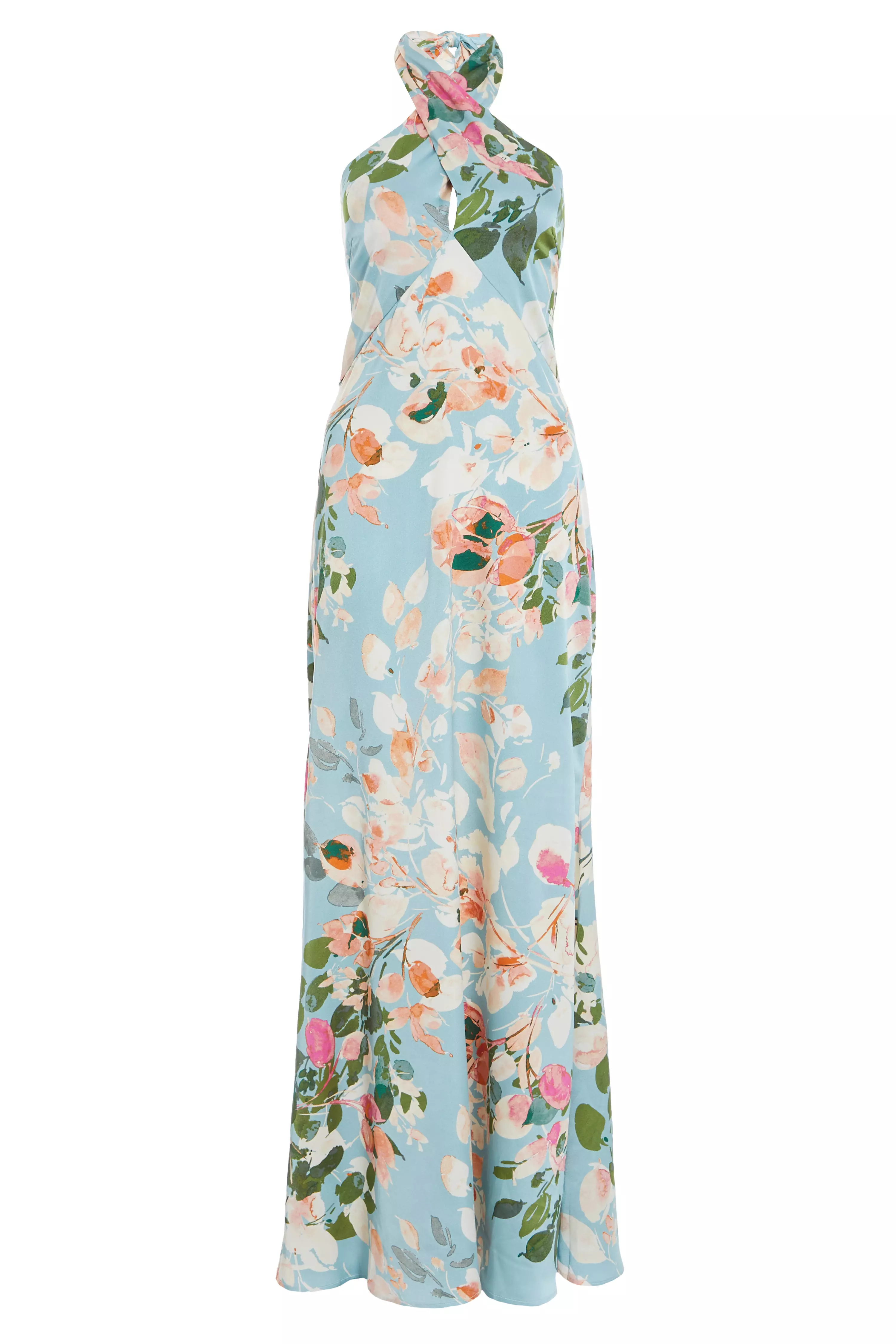 Blue Satin Floral High Neck Maxi Dress