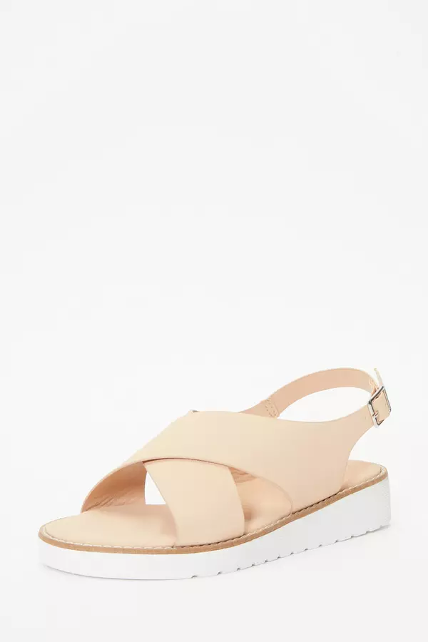 Nude Faux Leather Cross Strap Flatforms