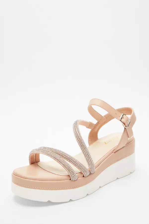 Pink Faux Leather Diamante Wedges