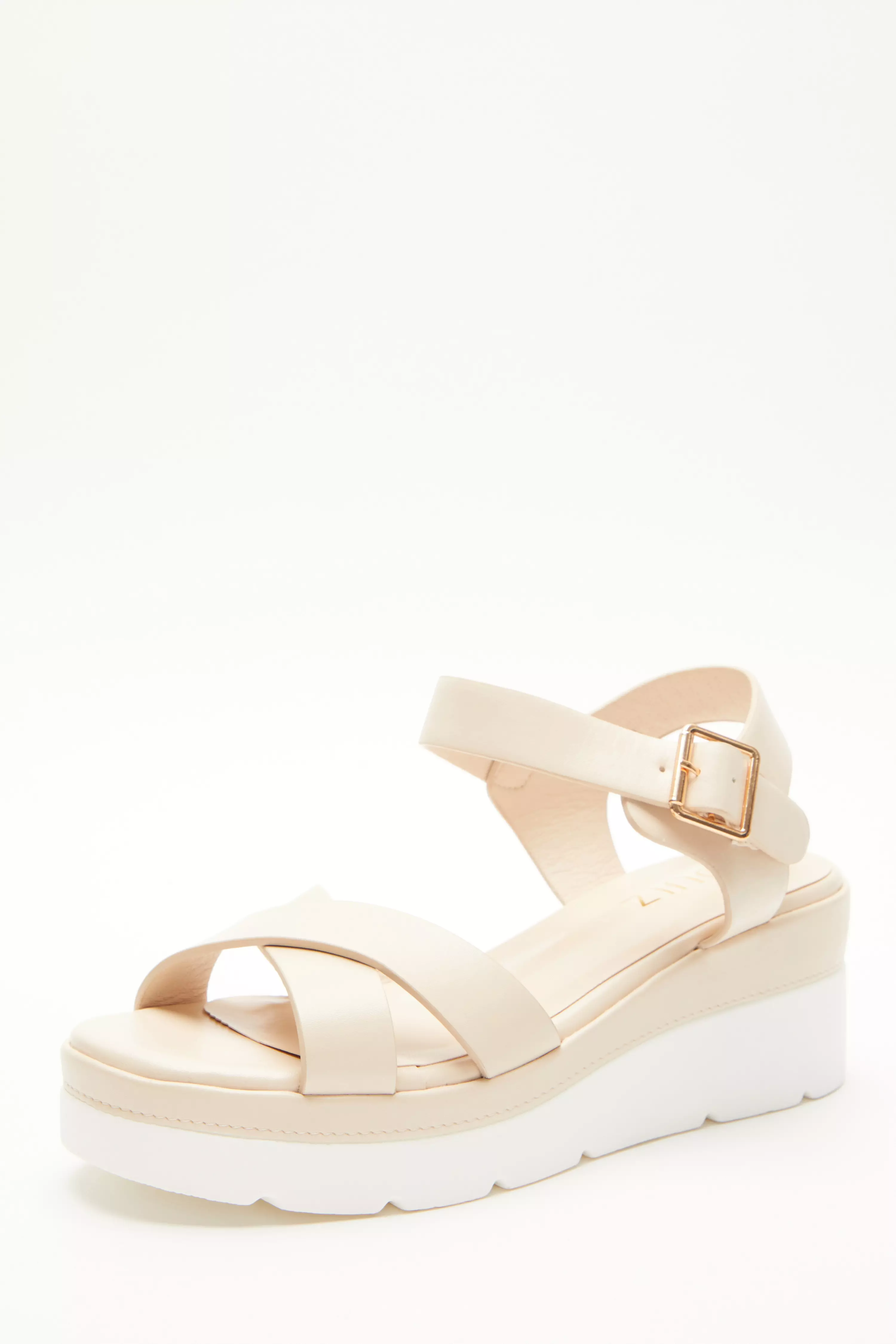 Nude Faux Leather Cross Strap Wedges