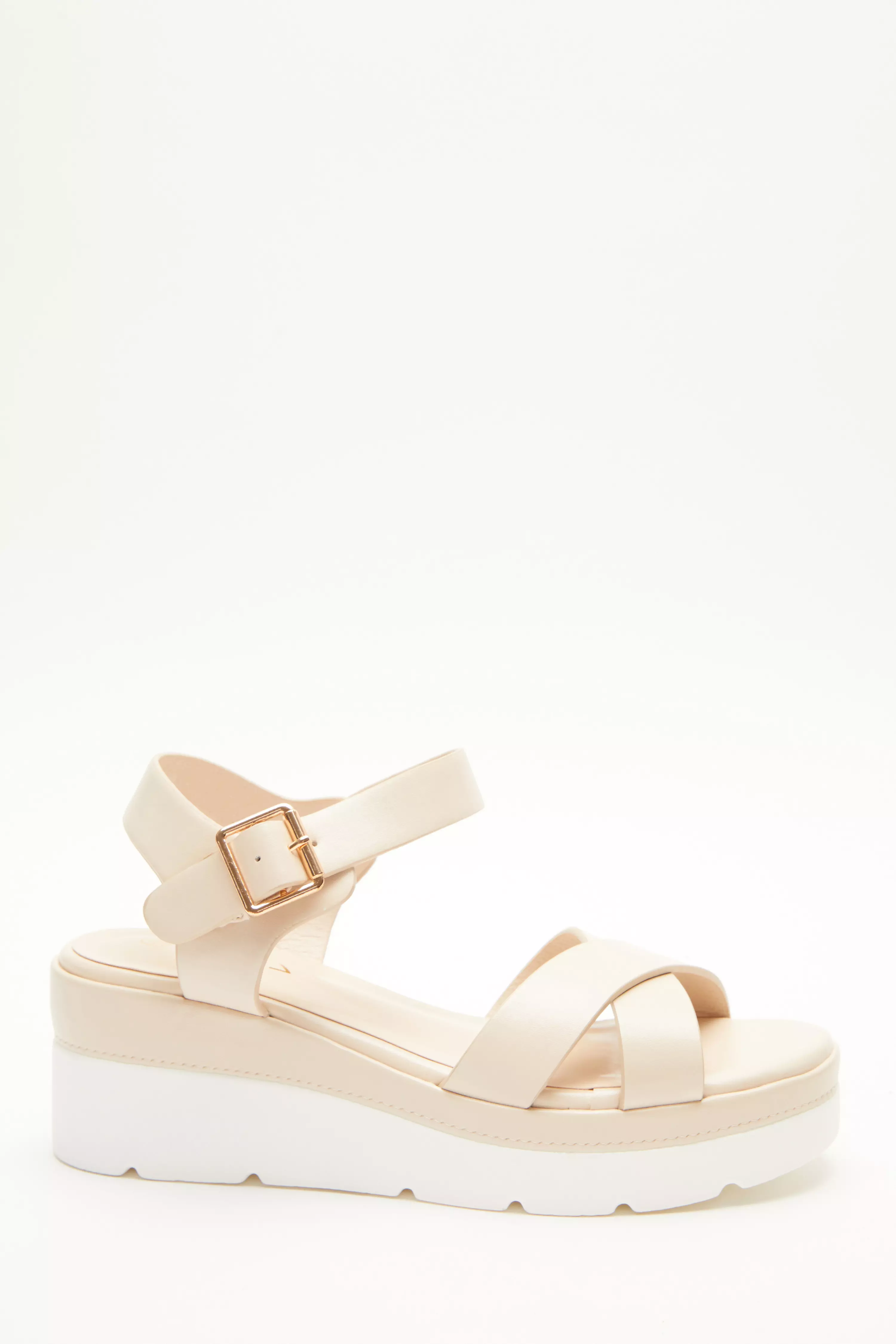 Nude Faux Leather Cross Strap Wedges