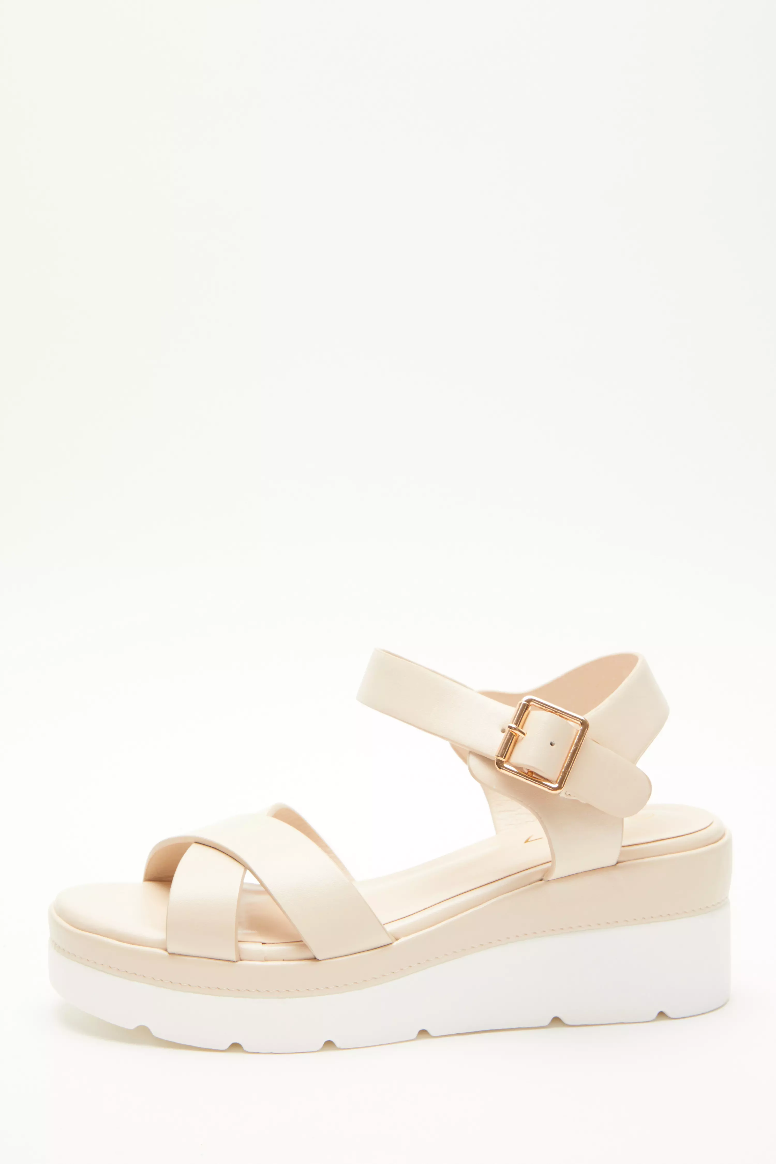 Nude Faux Leather Cross Strap Wedges