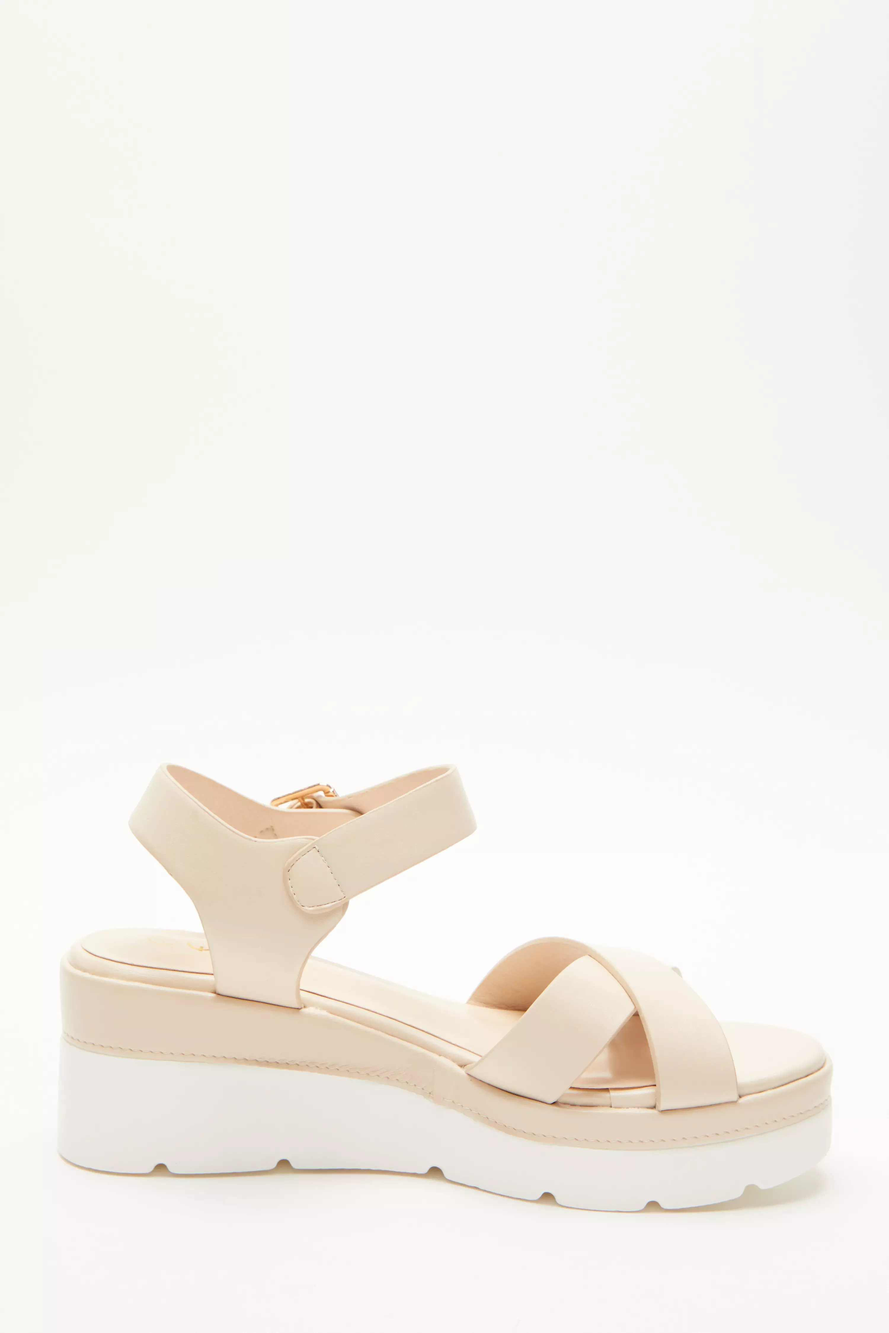 Nude Faux Leather Cross Strap Wedges