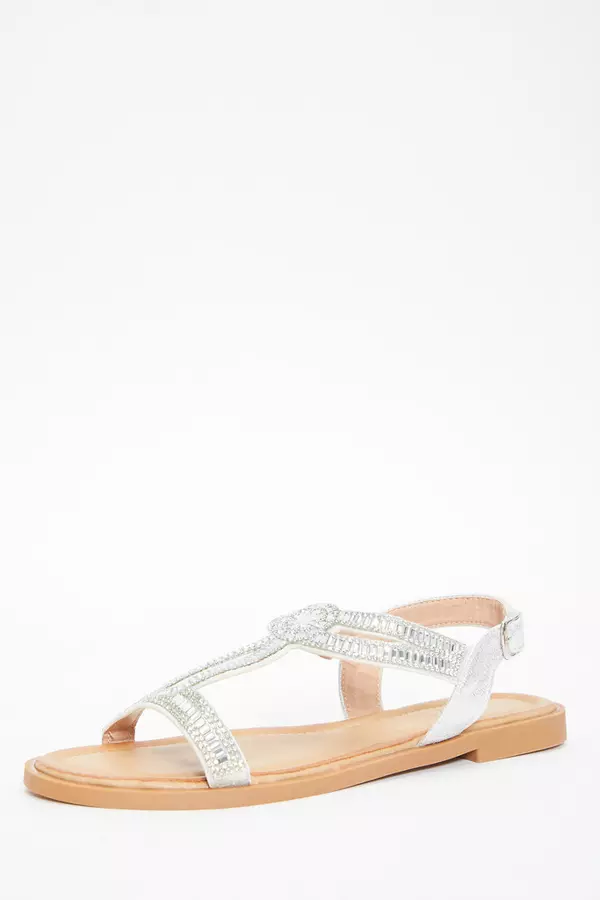 Silver Diamante T-Bar Flat Sandals