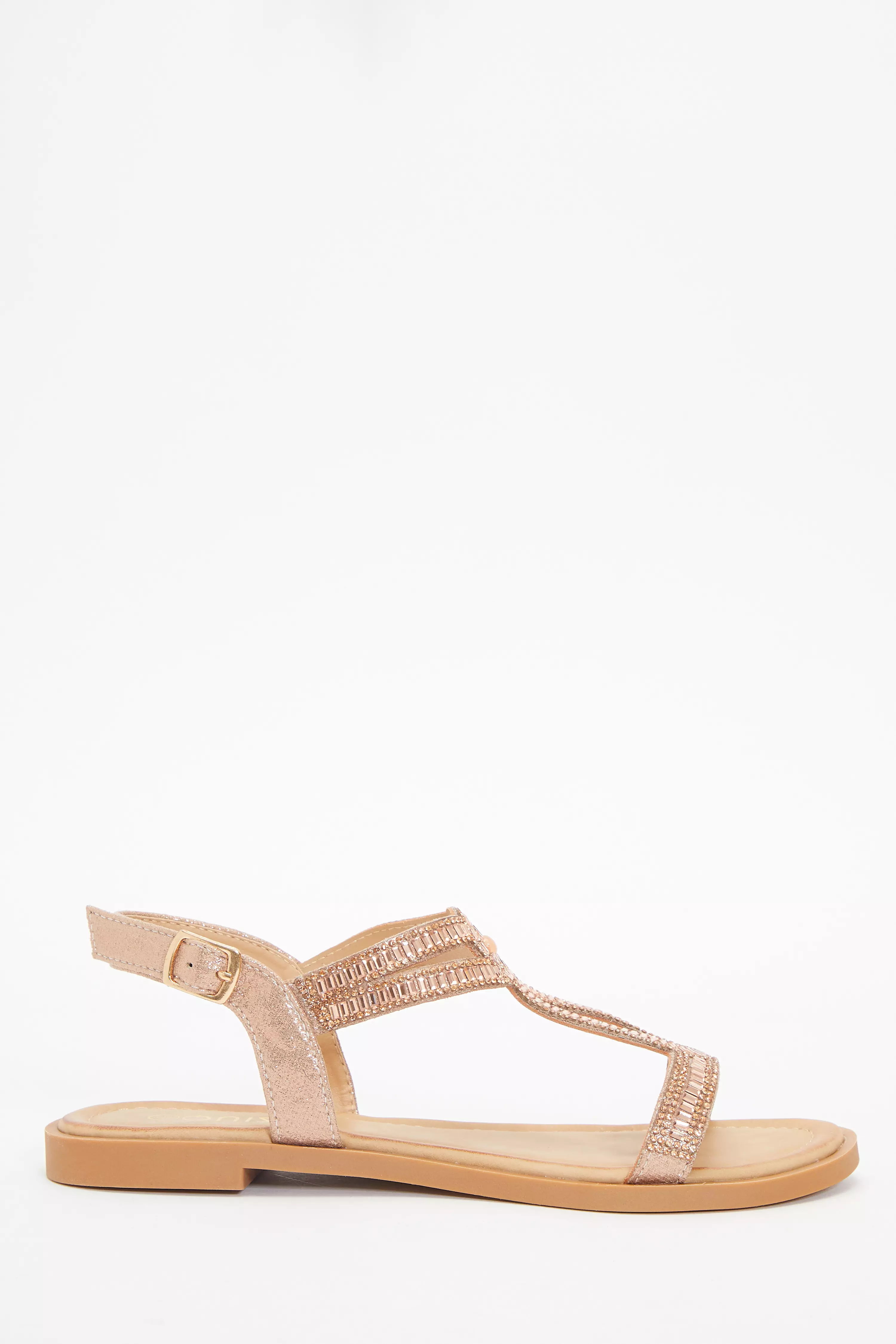 Rose Gold Diamante T-Bar Flat Sandals<!-- --> - <!-- -->QUIZ Clothing