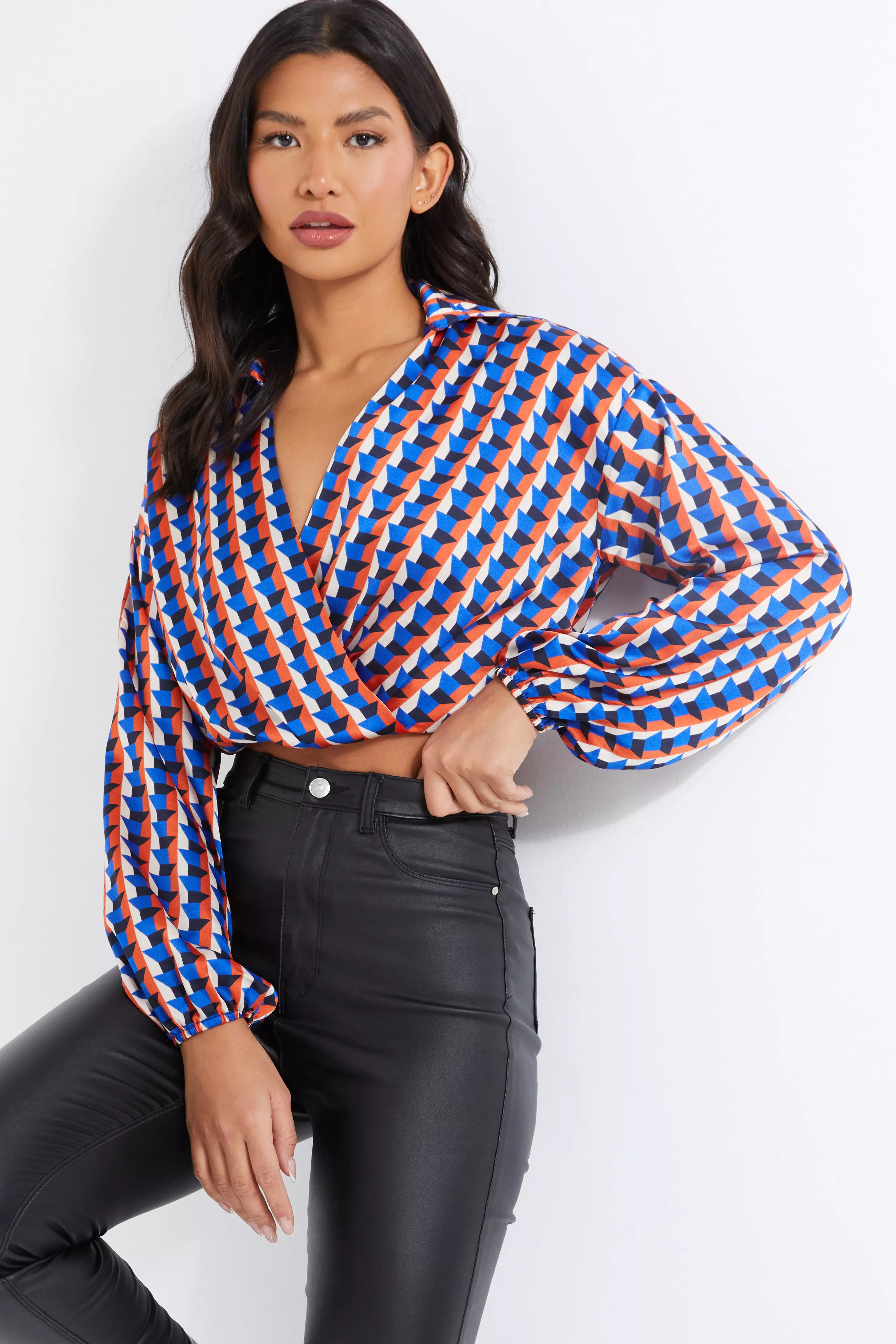 Blue Satin Geometric Wrap Crop Shirt