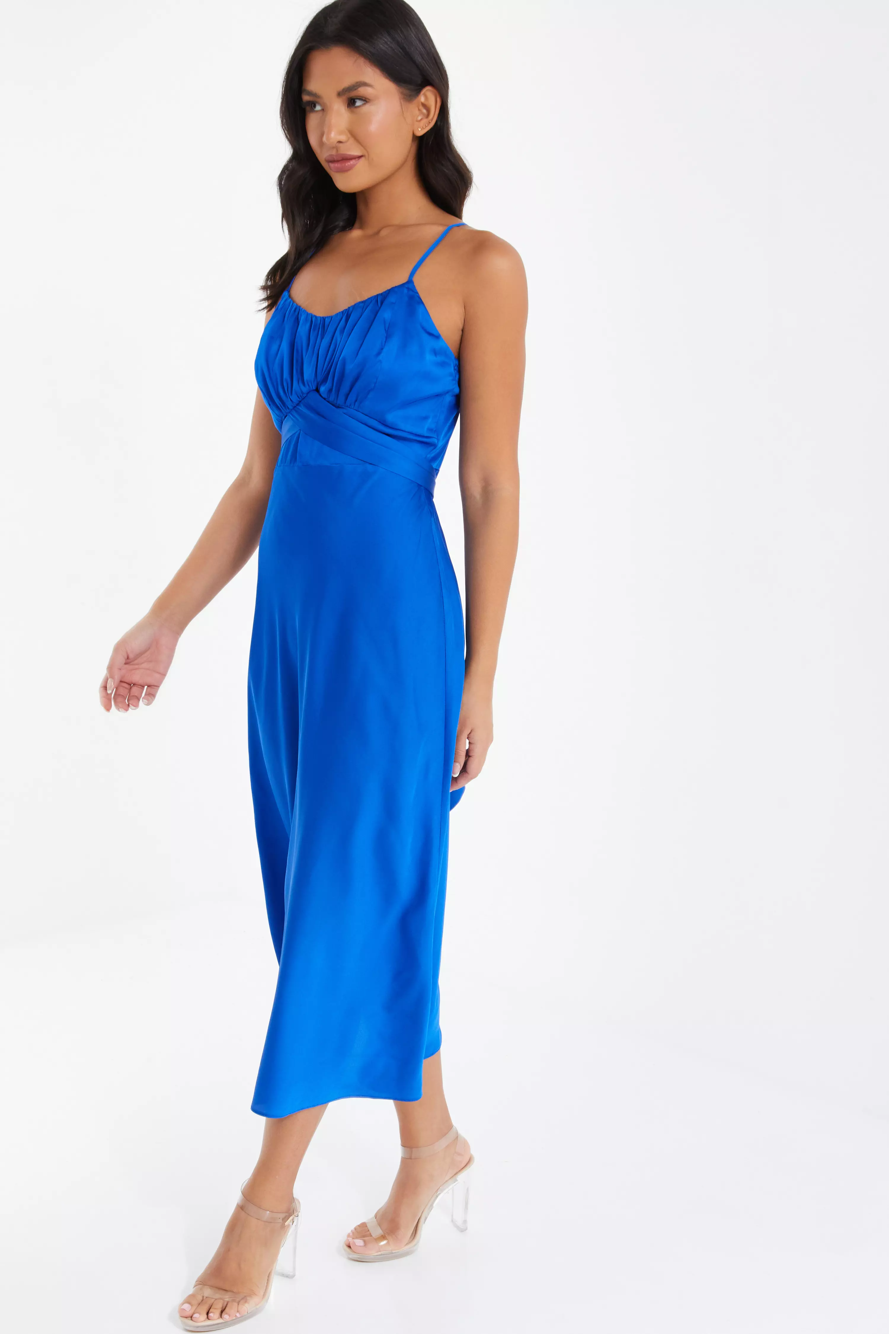 Royal Blue Satin Ruched Midi Dress