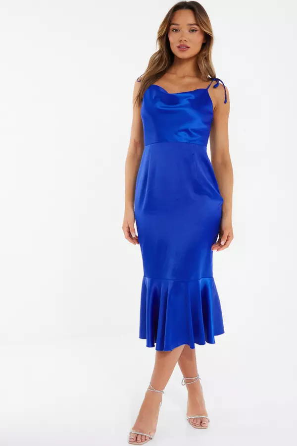 Royal Blue Satin Fishtail Midi Dress