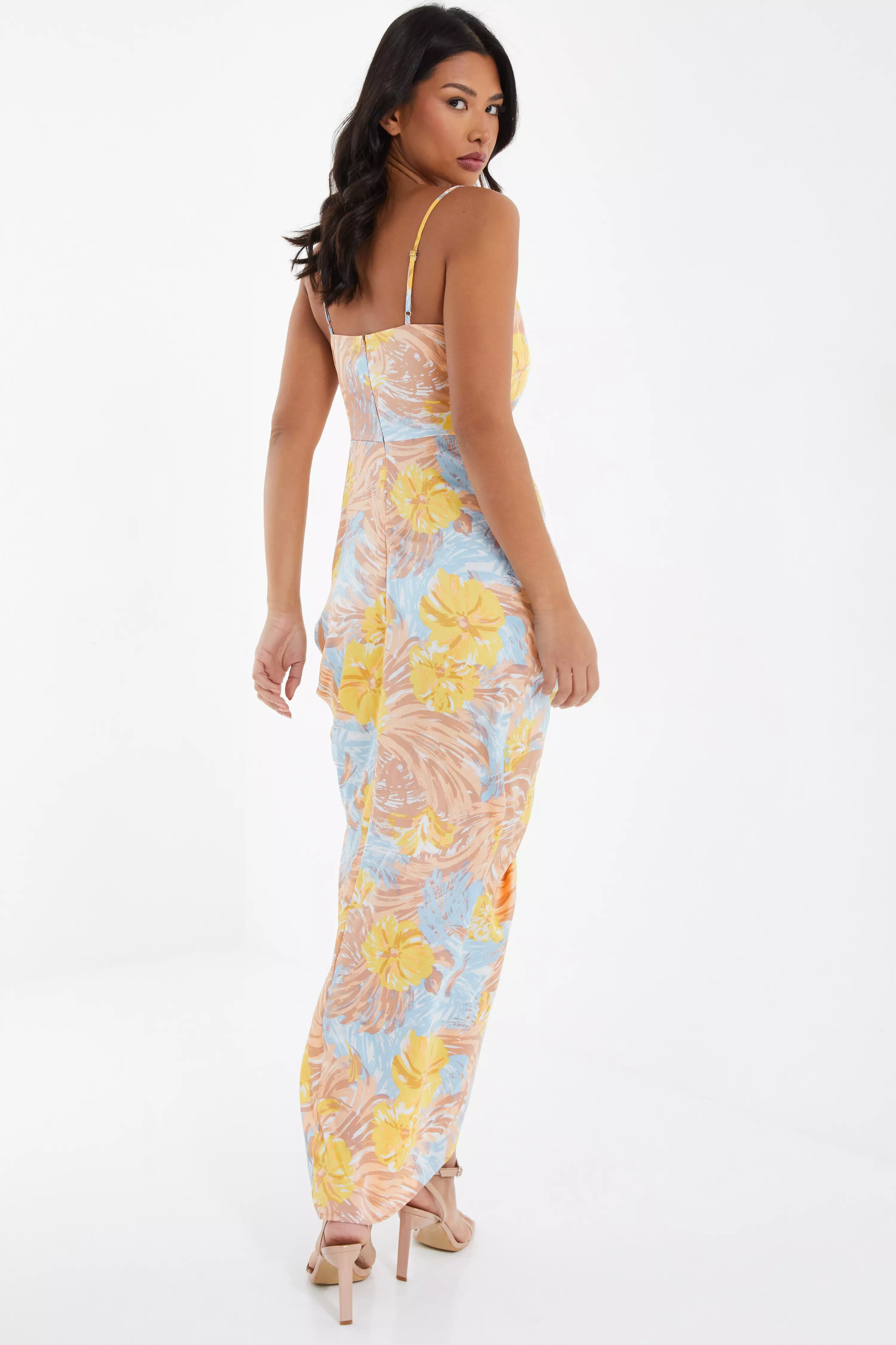 Multicoloured Satin Floral Ruched Midaxi Dress