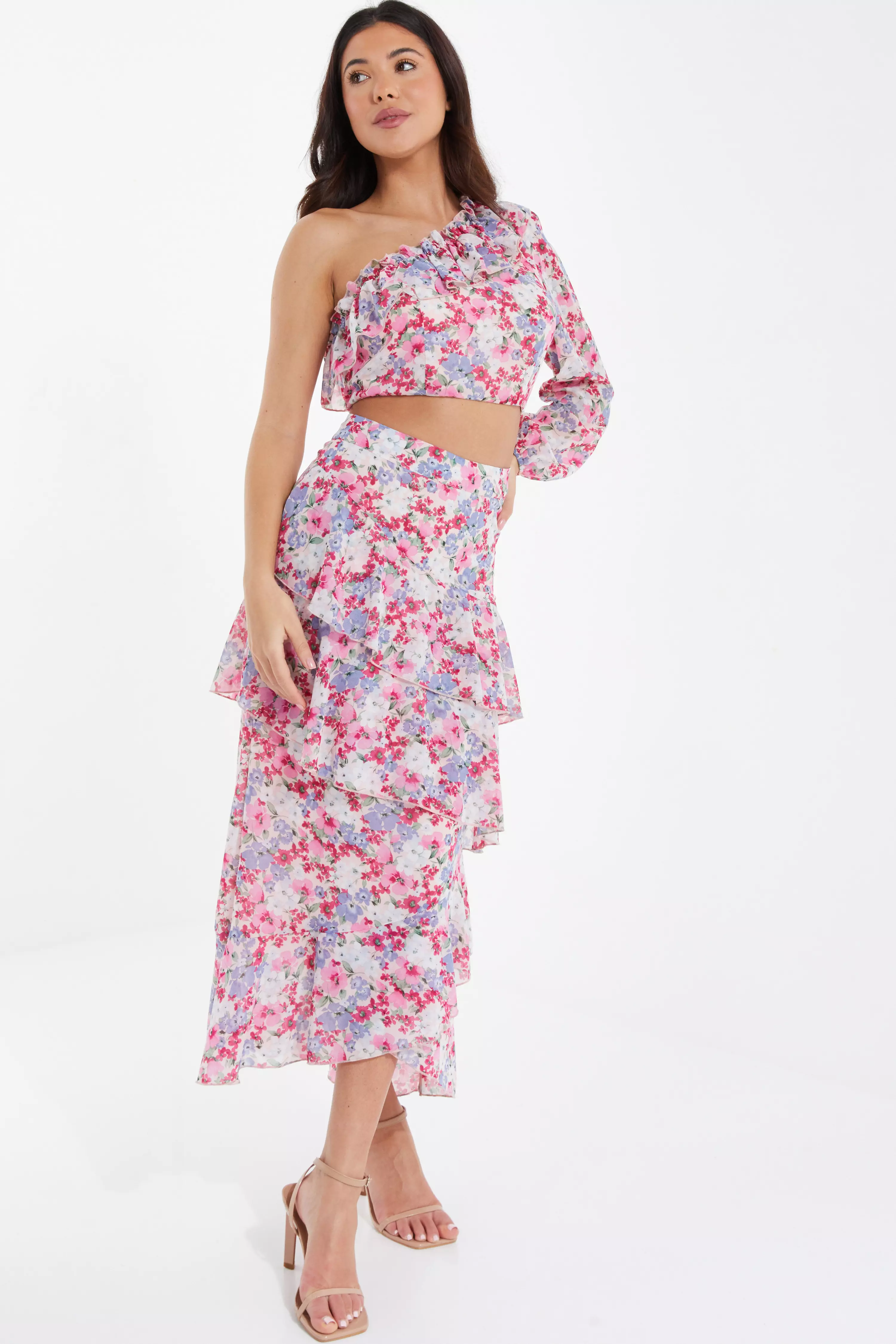 Multicoloured Chiffon Floral Frill Midi Skirt