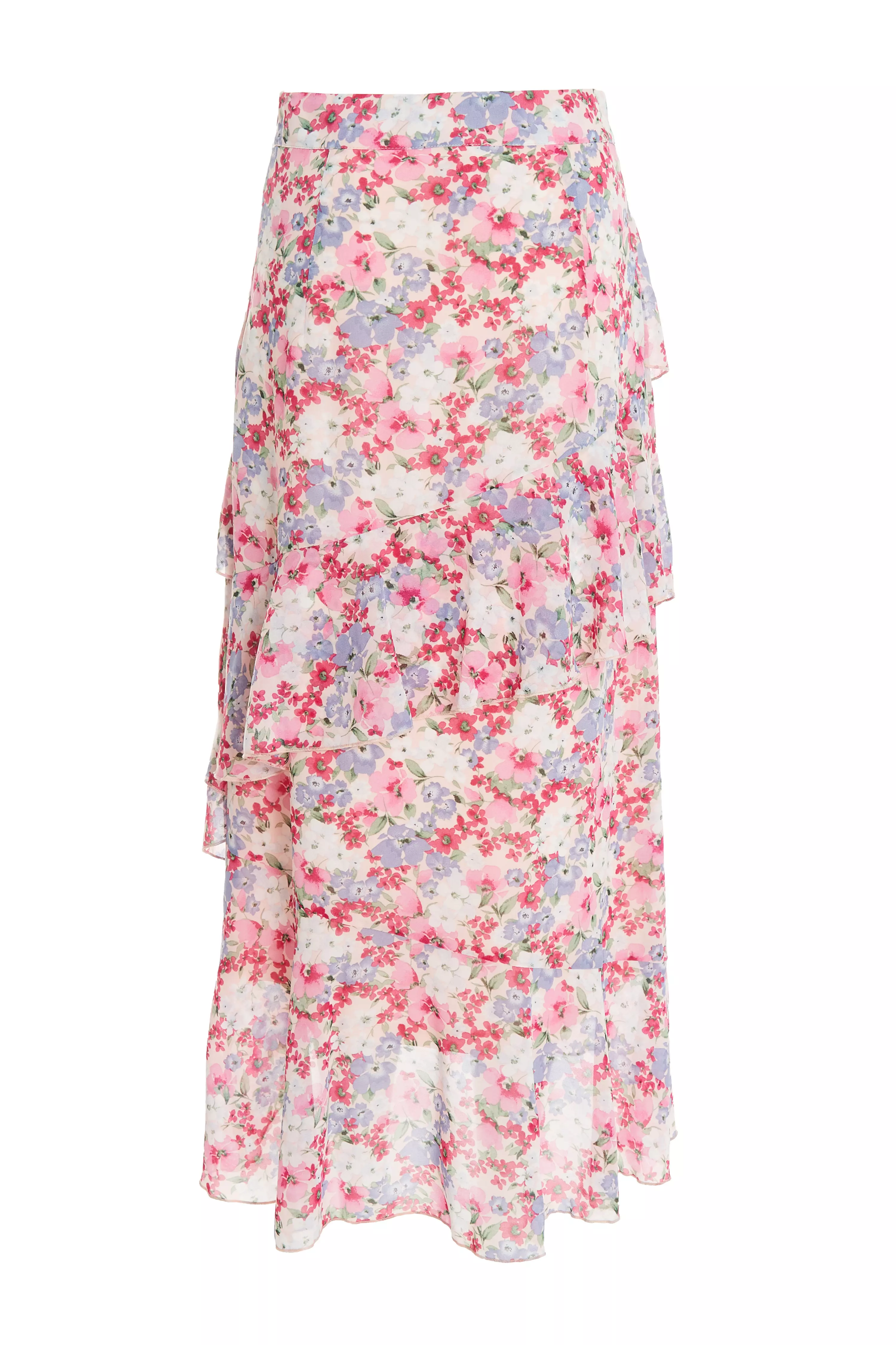 Multicoloured Chiffon Floral Frill Midi Skirt