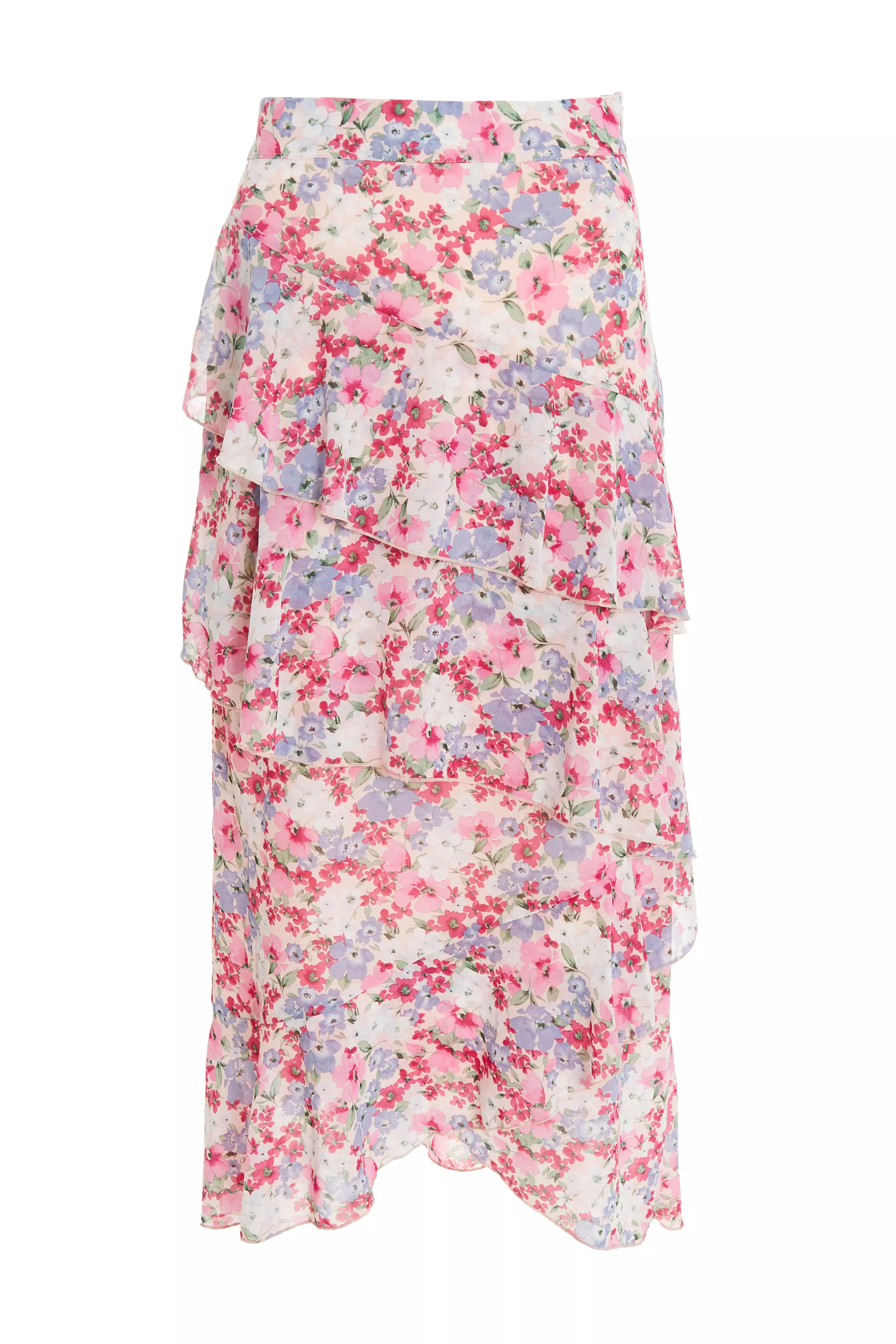 Multicoloured Chiffon Floral Frill Midi Skirt