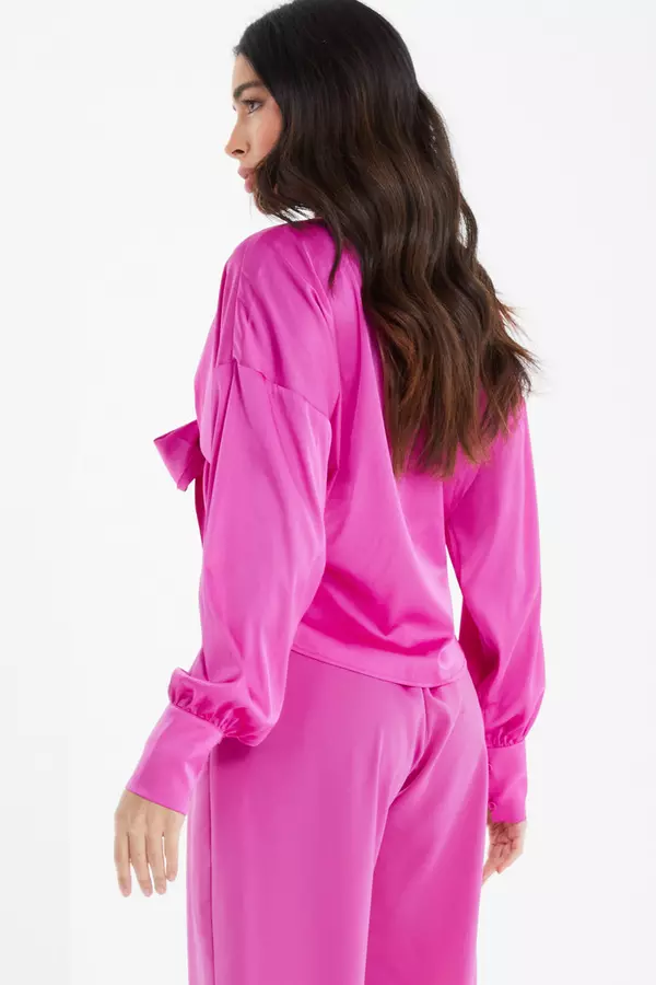 Pink Satin Tie Cropped Blouse