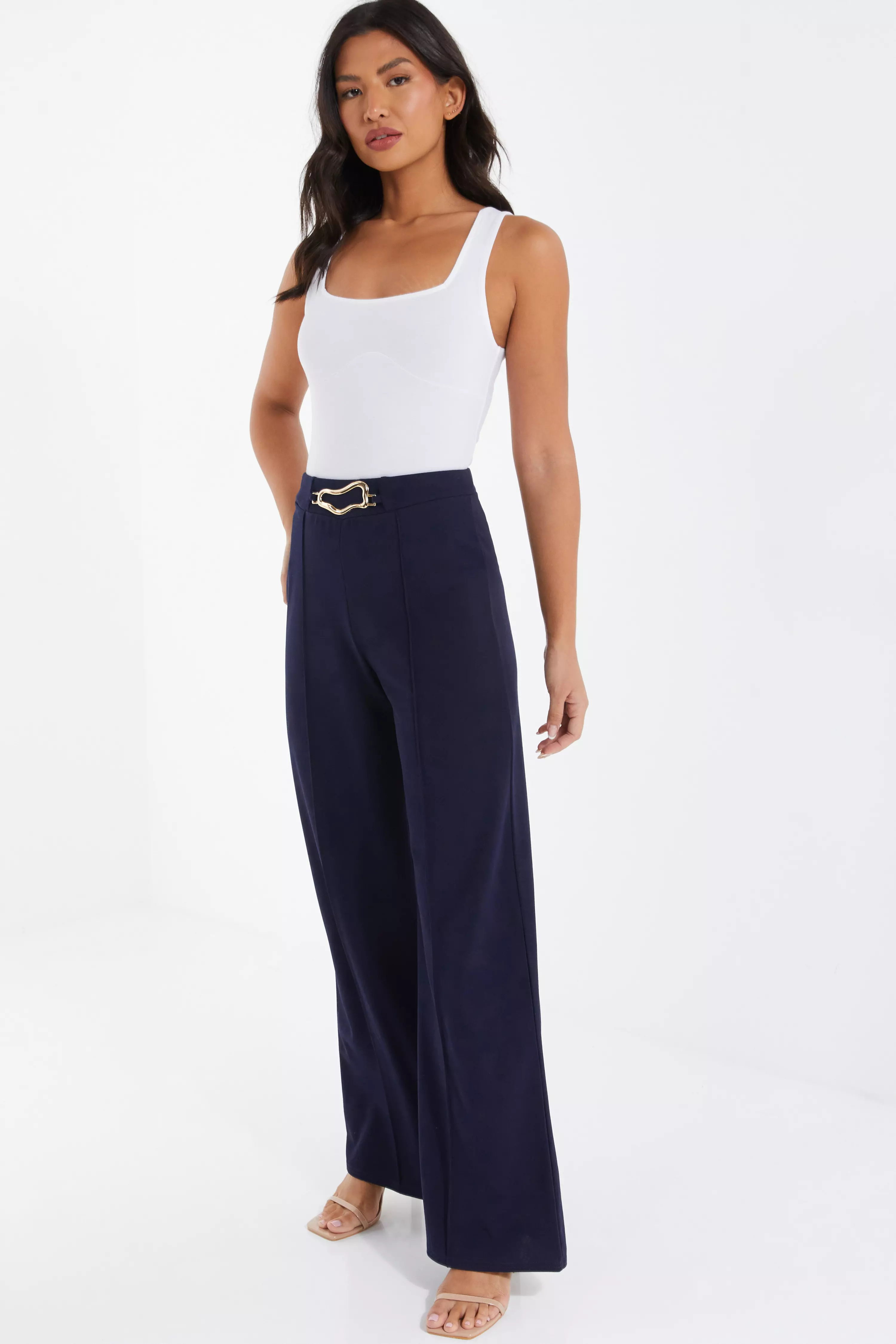 Navy Buckle Palazzo Trousers