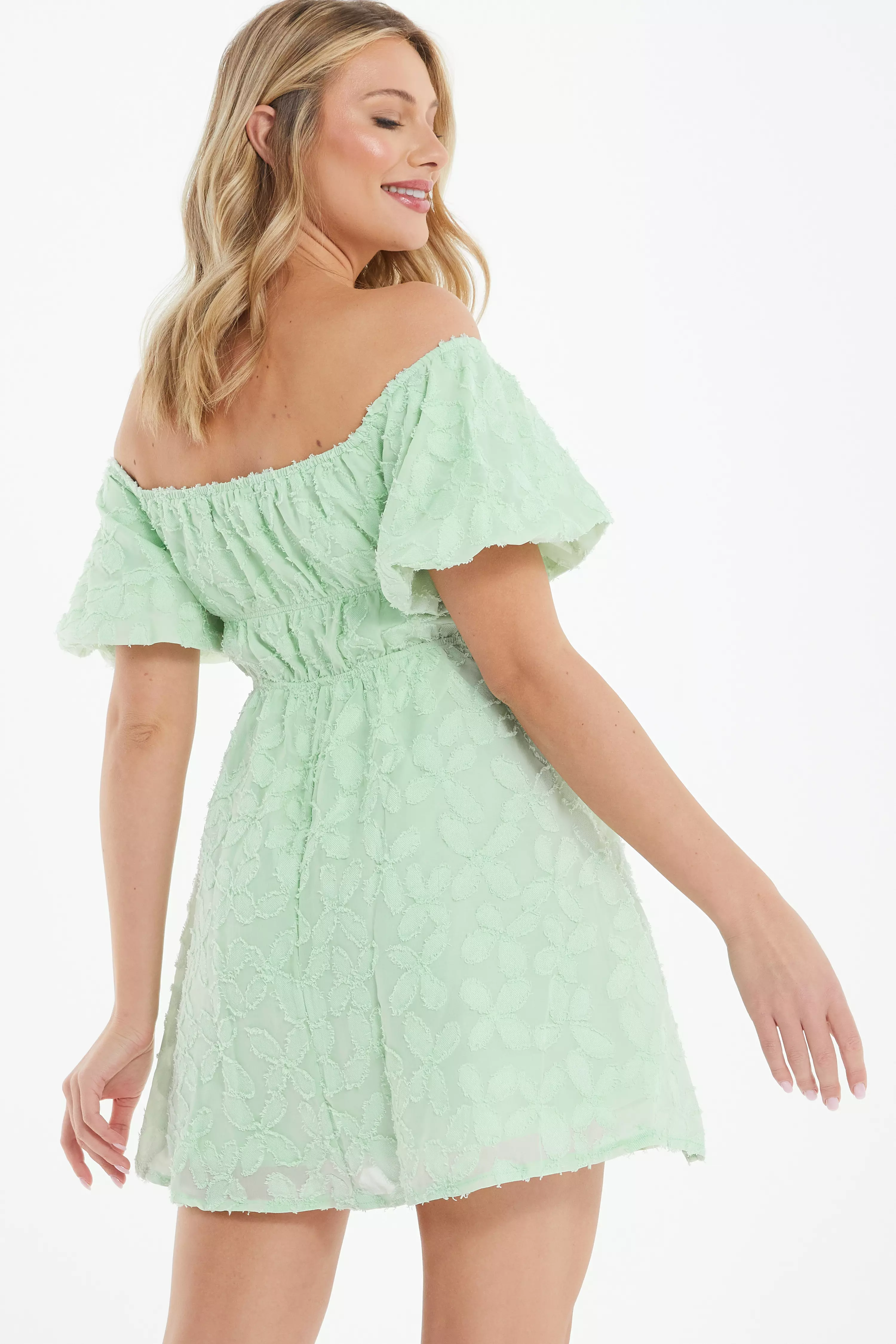 Sage Green Jacquard Bardot Mini Dress